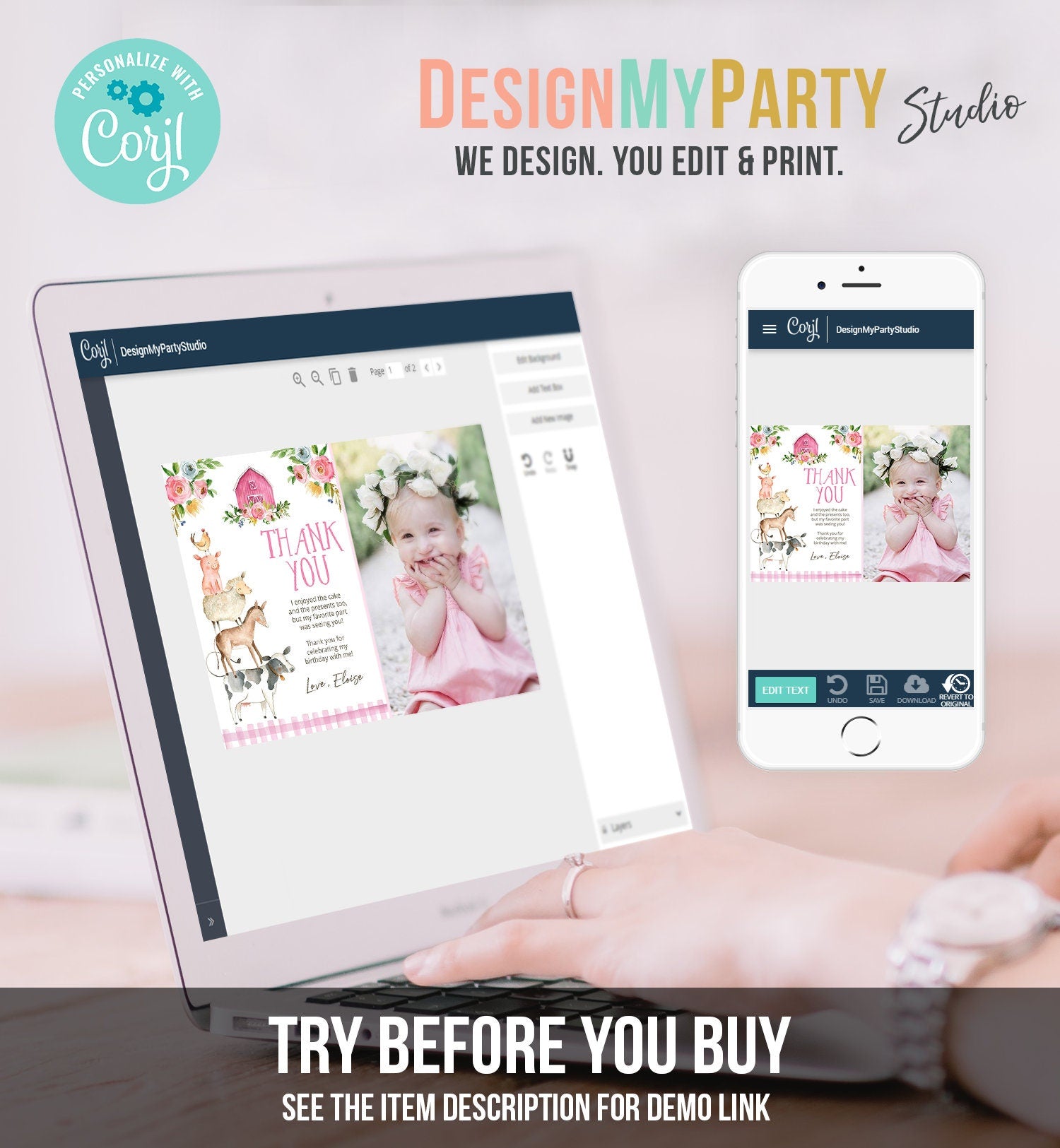 Editable Farm Animals Thank you Card Pink Farm Birthday Girl Barnyard Thank You Card Birthday Template Instant Download Corjl 0155