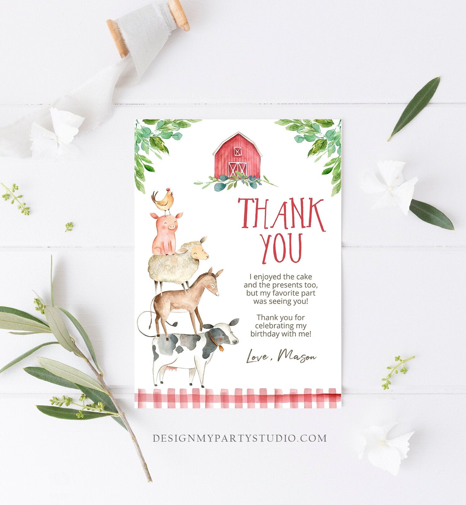 Editable Farm Animals Thank you Card Red Gingham Farm Birthday Boy Barnyard Thank You Card Birthday Template Instant Download Corjl 0155