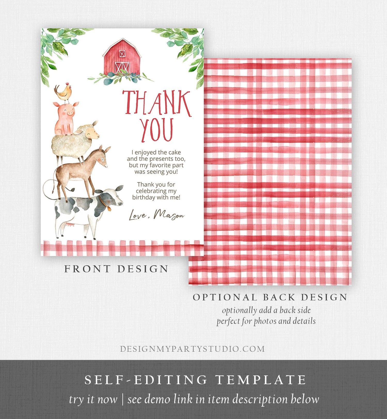 Editable Farm Animals Thank you Card Red Gingham Farm Birthday Boy Barnyard Thank You Card Birthday Template Instant Download Corjl 0155