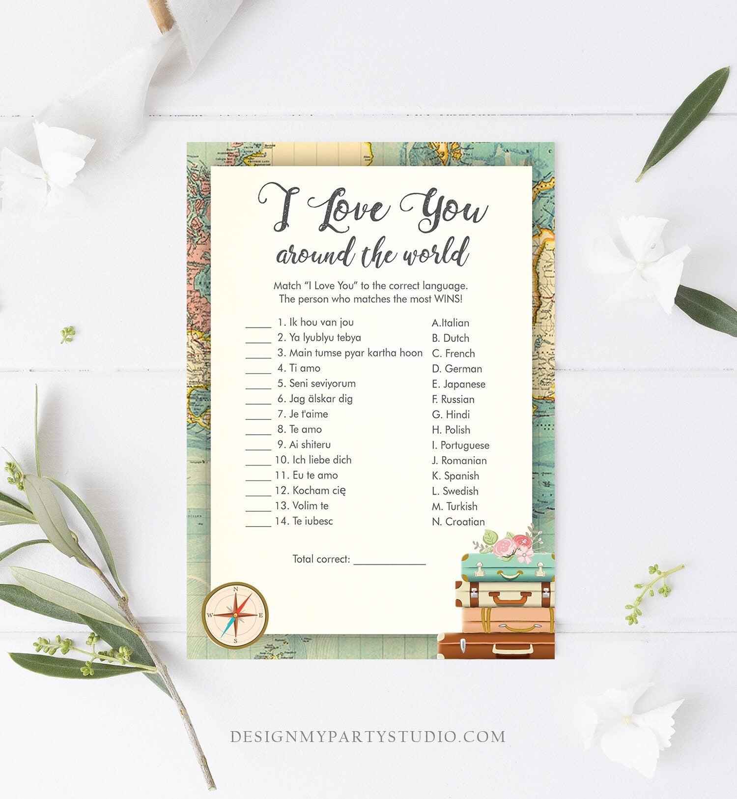 Editable I Love You Around the World Bridal Shower Game Travel Wedding Shower Activity Vintage Map Suitcases Corjl Template Printable 0044