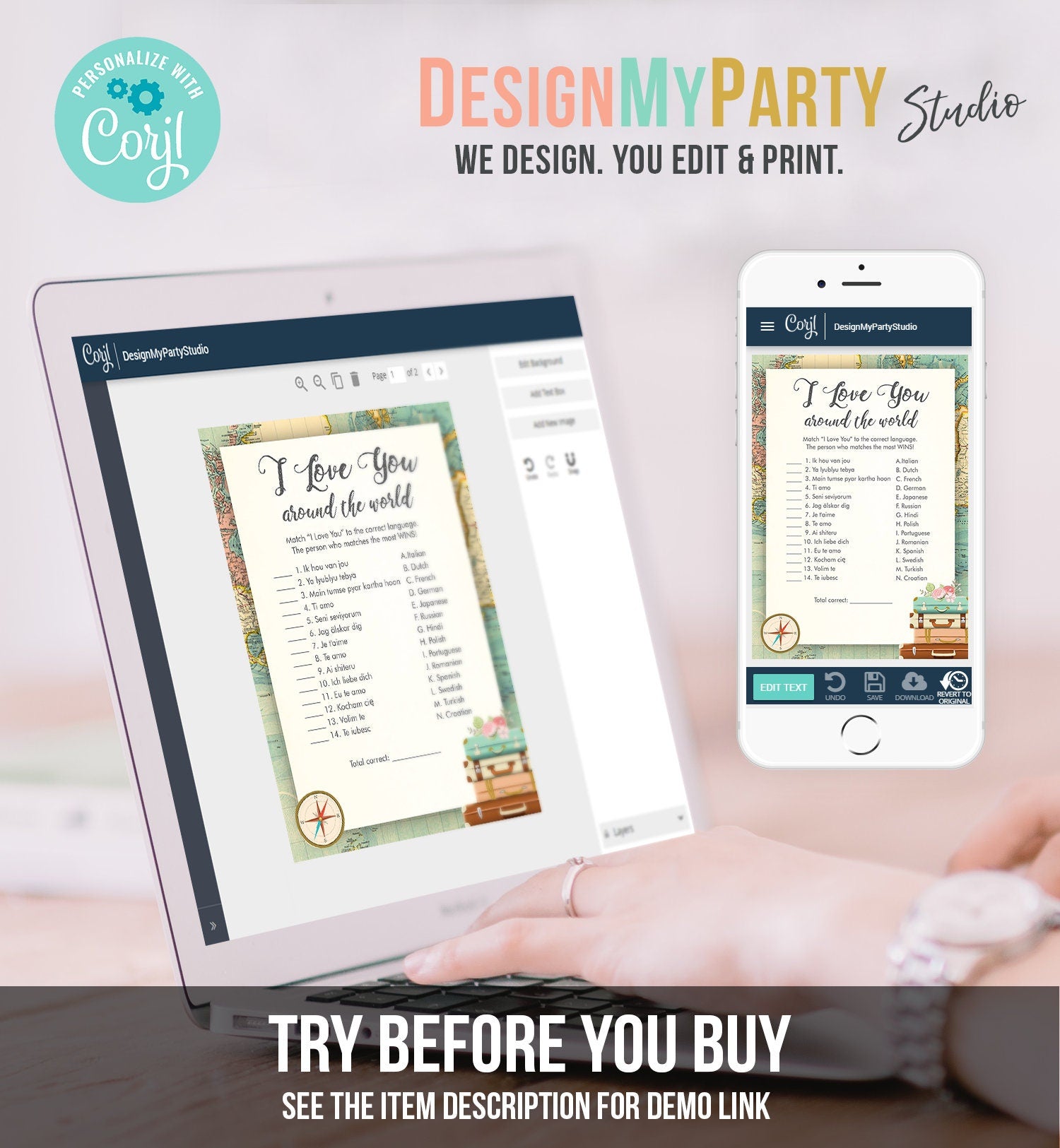 Editable I Love You Around the World Bridal Shower Game Travel Wedding Shower Activity Vintage Map Suitcases Corjl Template Printable 0044