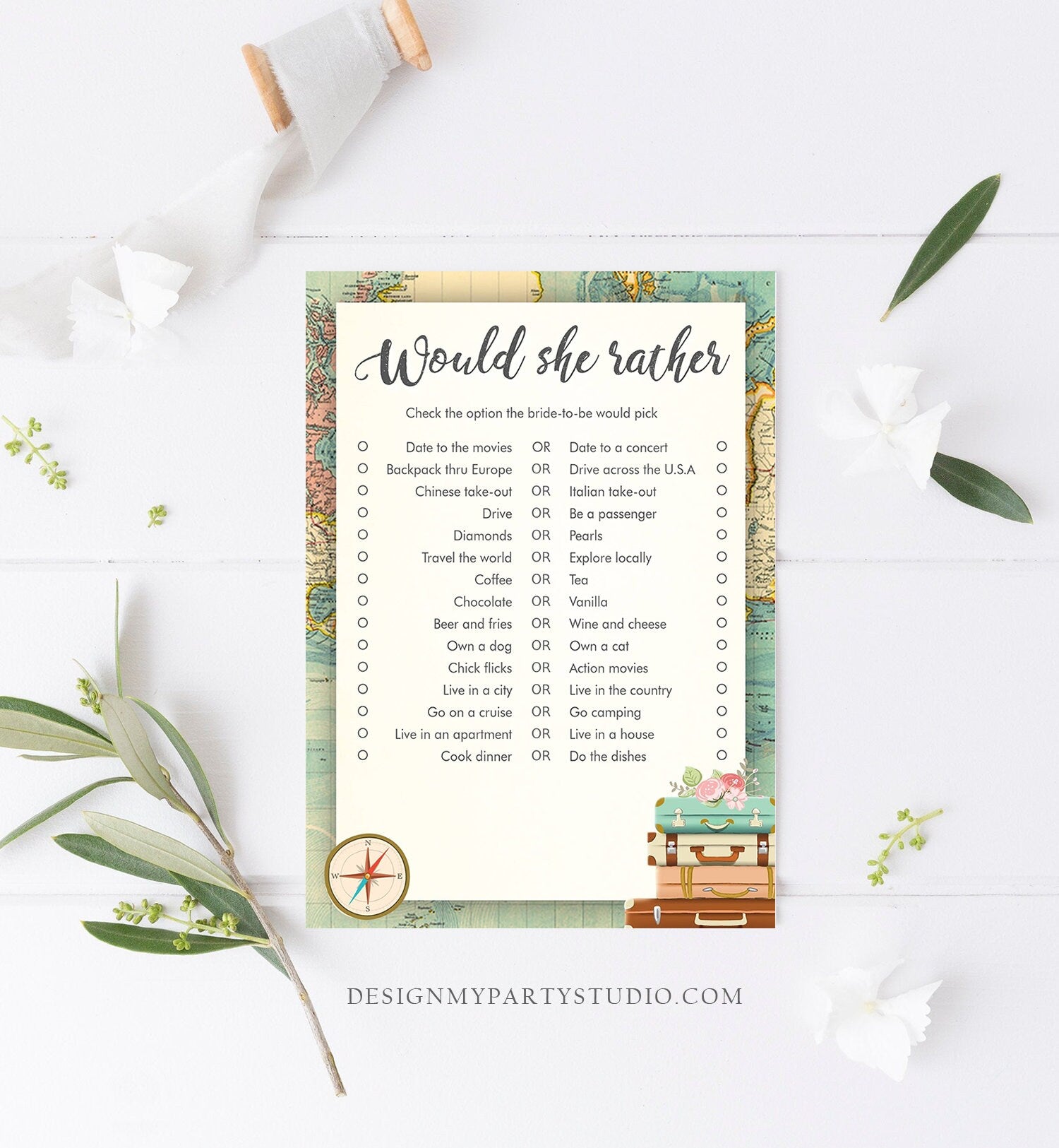 Editable Would She Rather Bridal Shower Game Travel Would the Bride Wedding Shower Activity Vintage Map Party Corjl Template Printable 0044