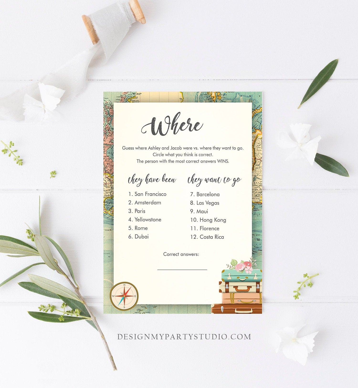 Editable Where Were They Bridal Shower Game Travel Bride Groom Wedding Shower Activity Vintage Map Party Corjl Template Printable 0044