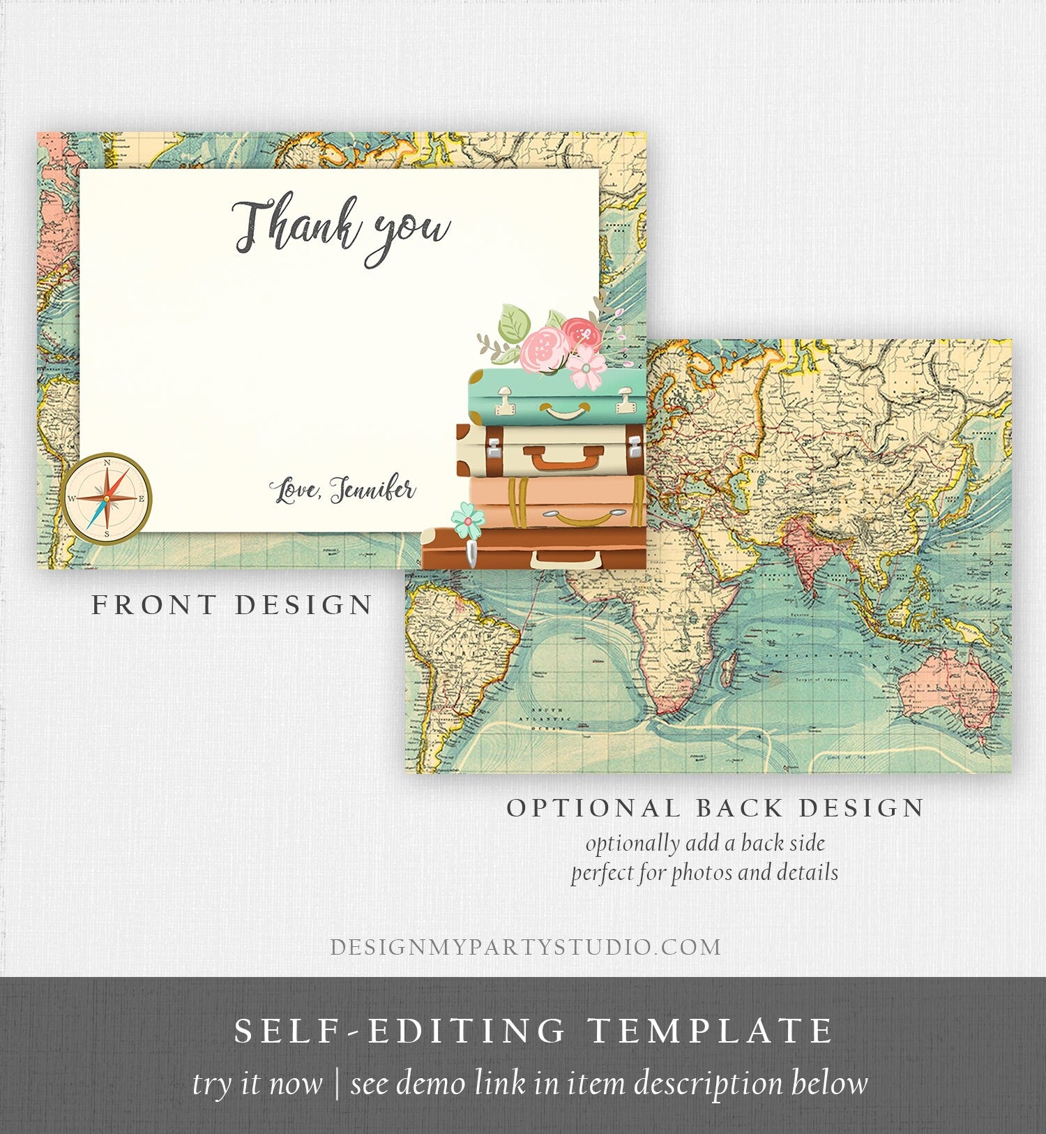 Editable Travel Thank You Card Bridal Shower Note Adventure Birthday Baby Shower Suitcases Vintage World Map Digital Template Printable 0044