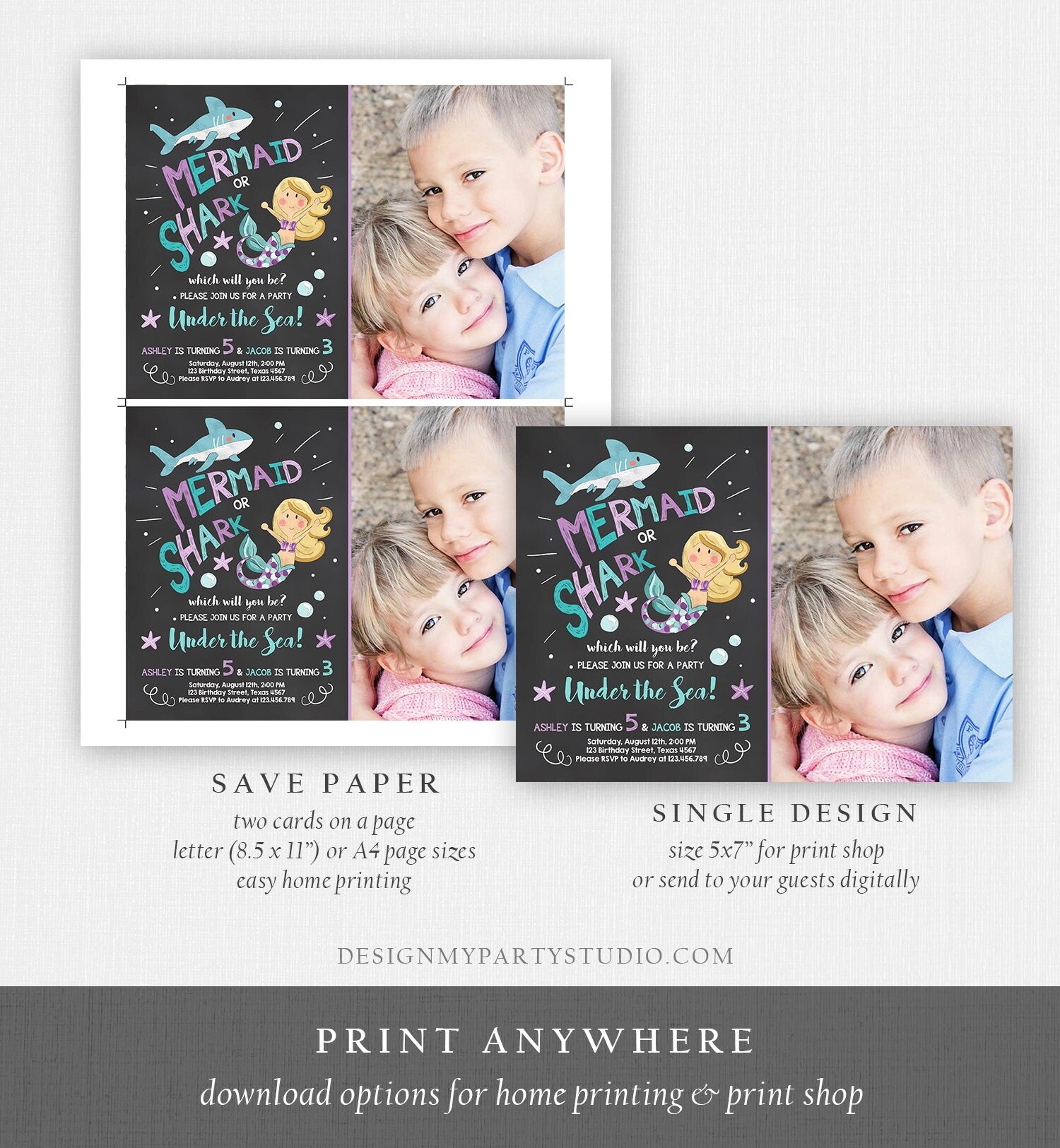 Editable Mermaid or Shark Birthday Invitation Under The Sea Party Coed Pool Party Brother Sister Photo Ocean Corjl Template Printable 0197