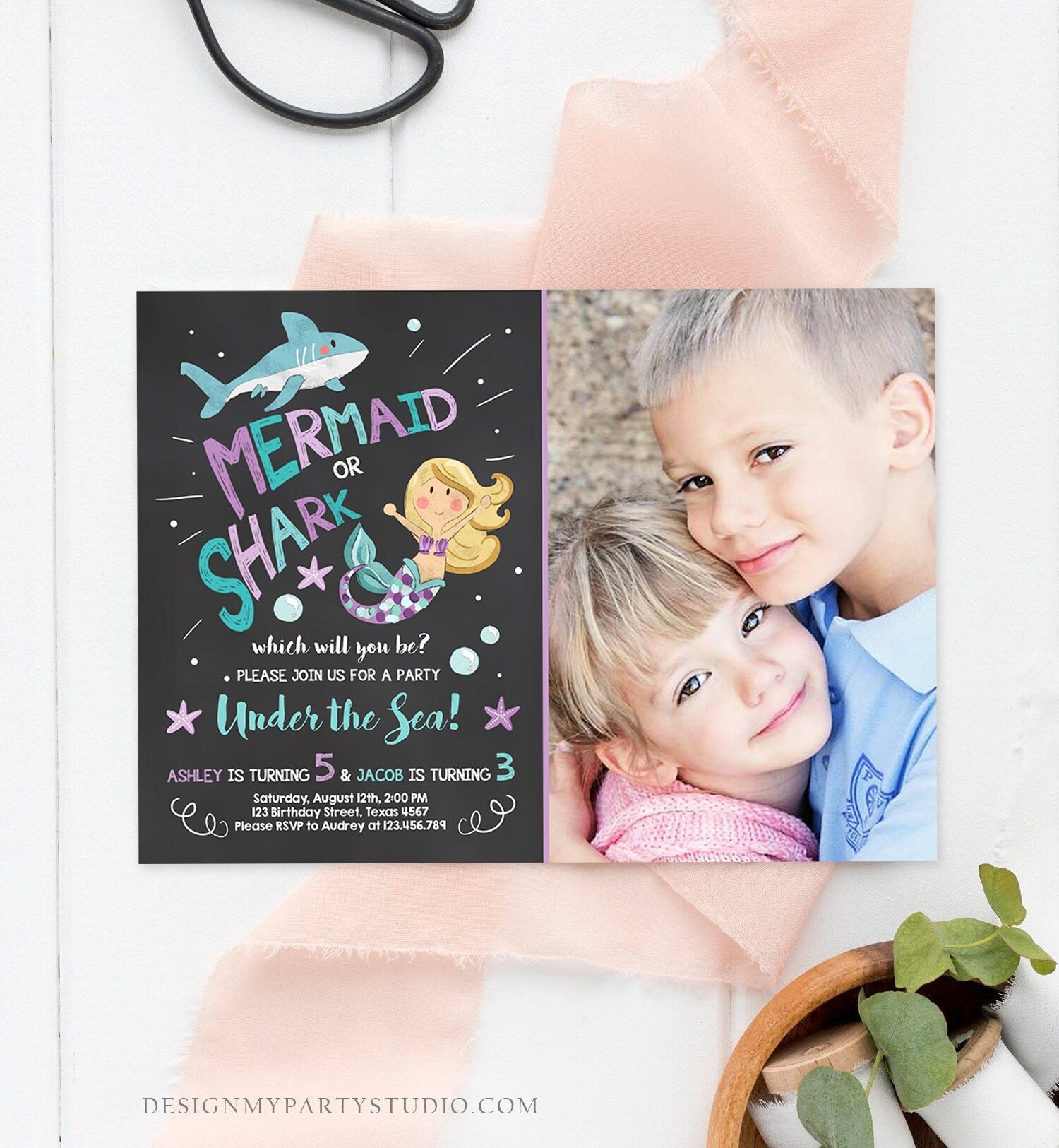 Editable Mermaid or Shark Birthday Invitation Under The Sea Party Coed Pool Party Brother Sister Photo Ocean Corjl Template Printable 0197