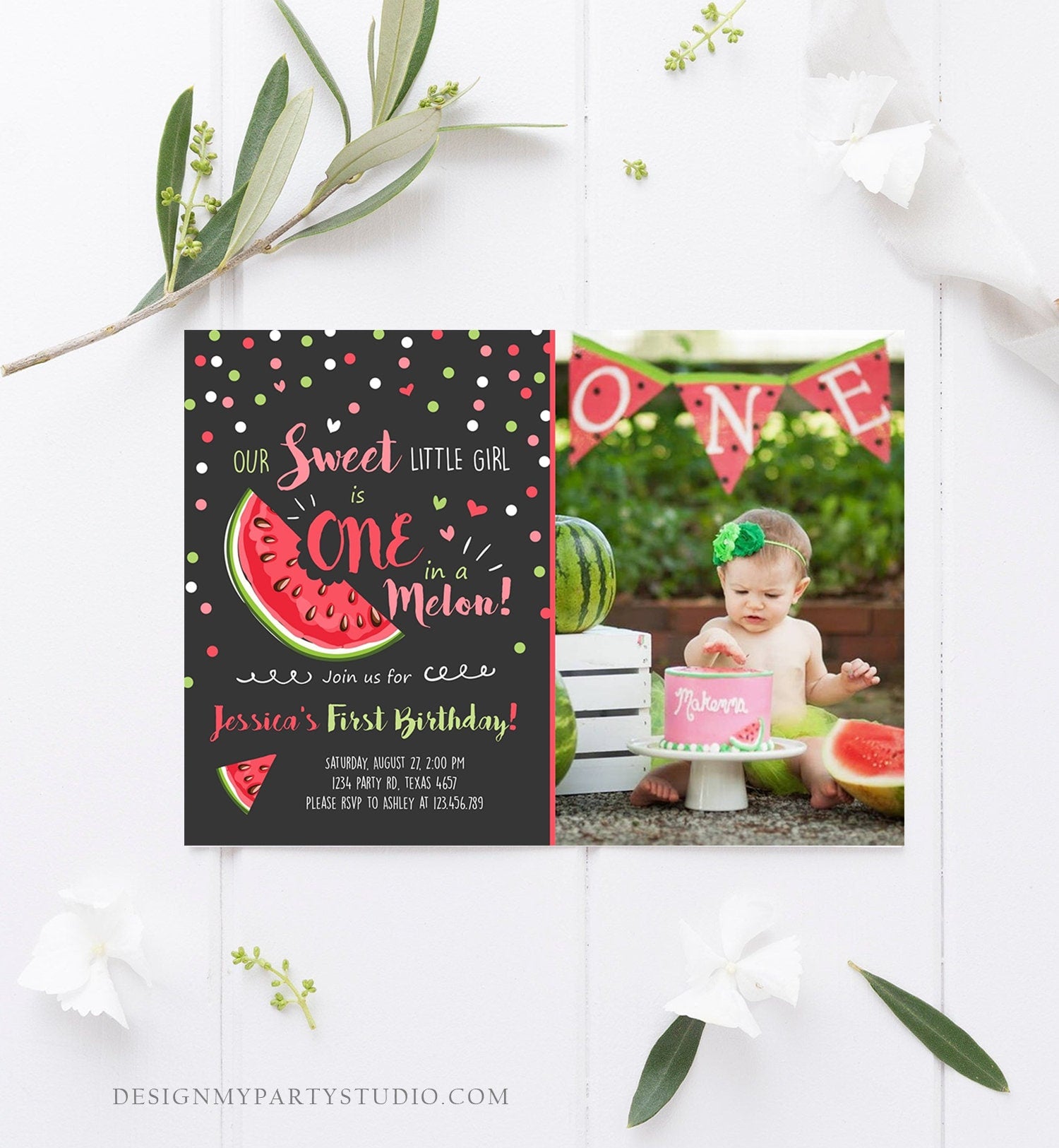 Editable Watermelon Birthday Invitation Girl Pink Red One in a Melon Party Summer Fruit First Birthday 1st Corjl Template Printable 0120
