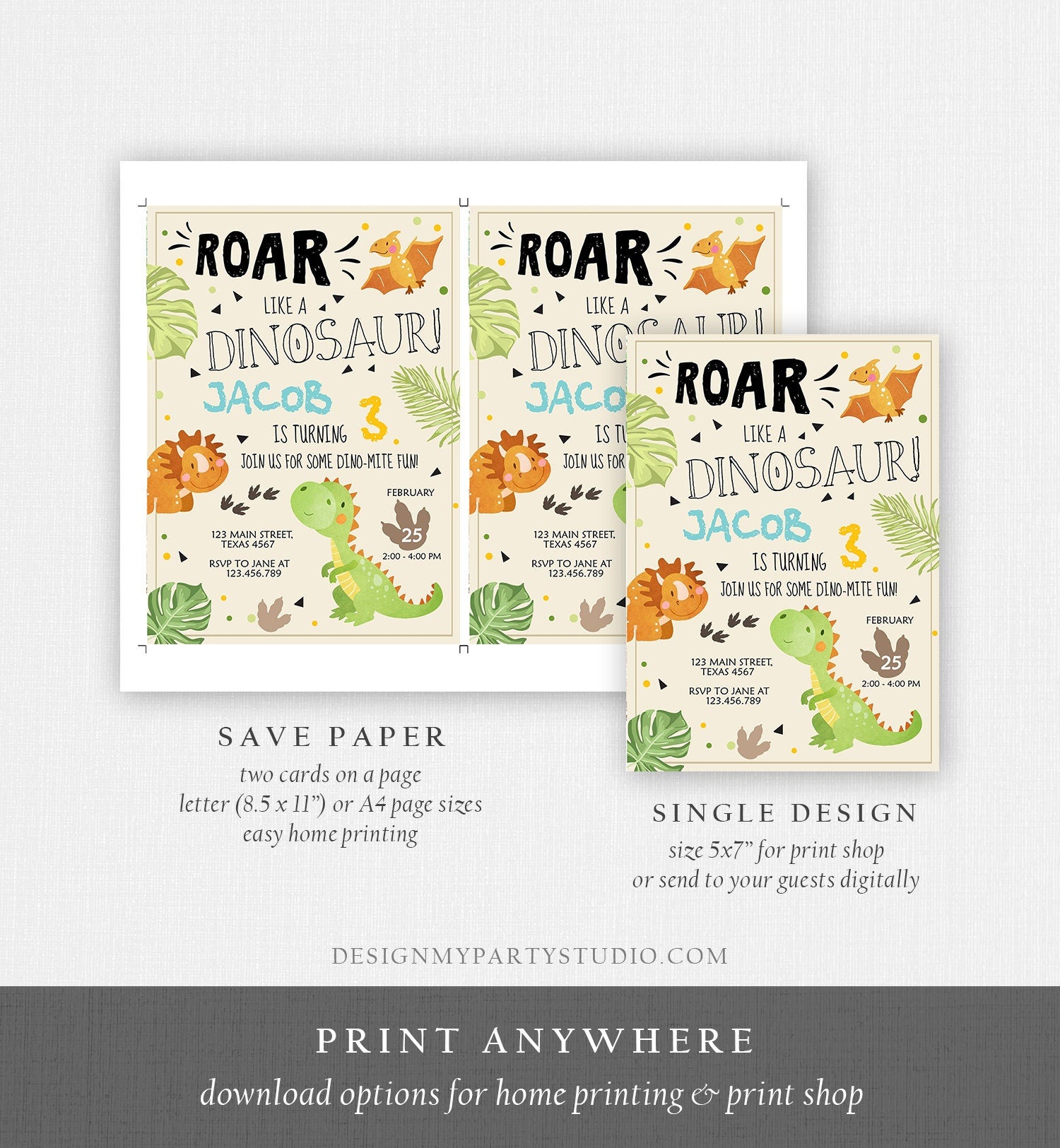Editable Dinosaur Birthday Invitation Dino Dig Party Prehistoric Boy T-Rex Roar Fossil Party Digital Download Printable Template Corjl 0283