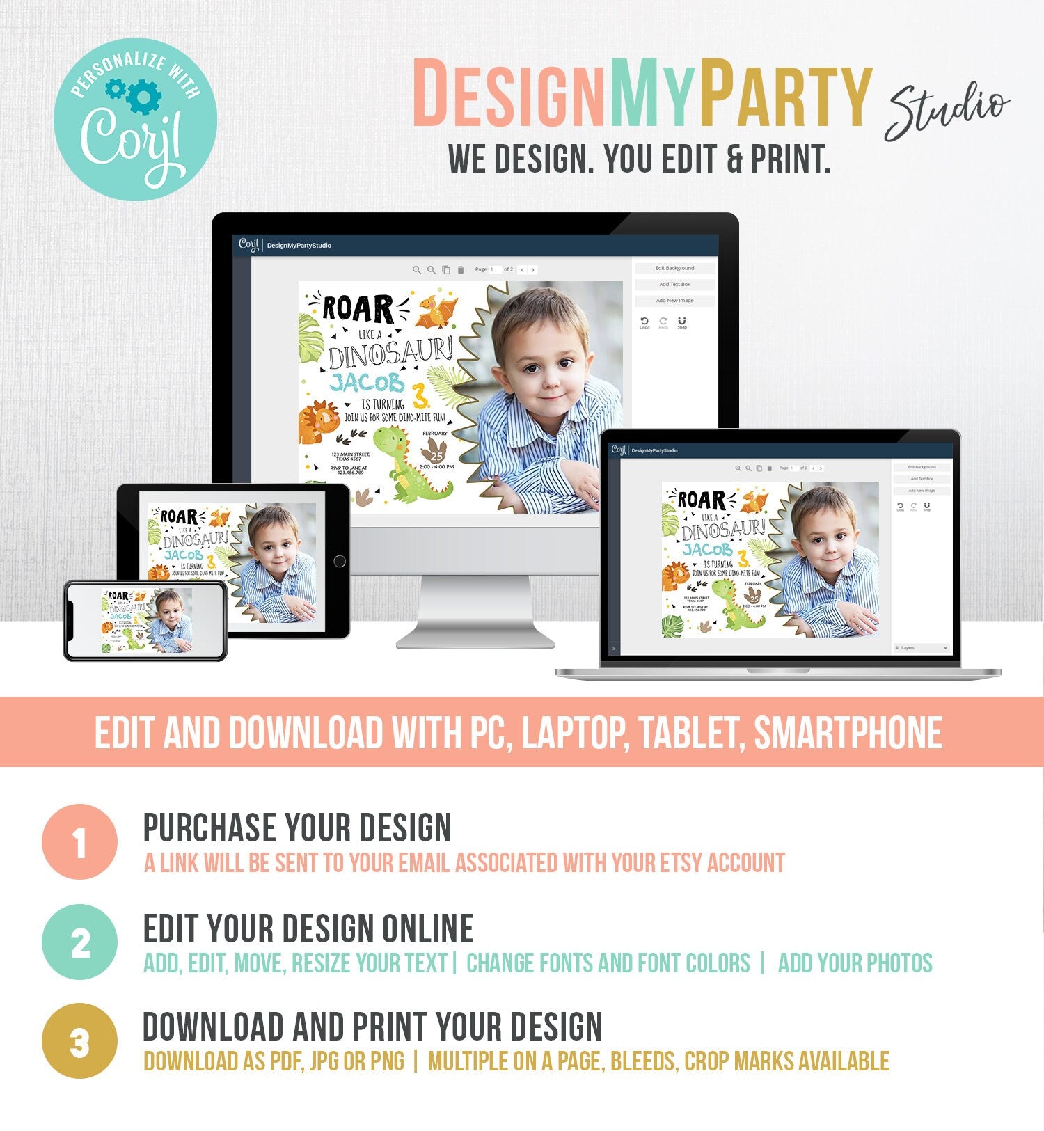 Editable Dinosaur Birthday Invitation Dino Dig Party Prehistoric Boy T-Rex Roar Fossil Party Digital Download Printable Template Corjl 0283