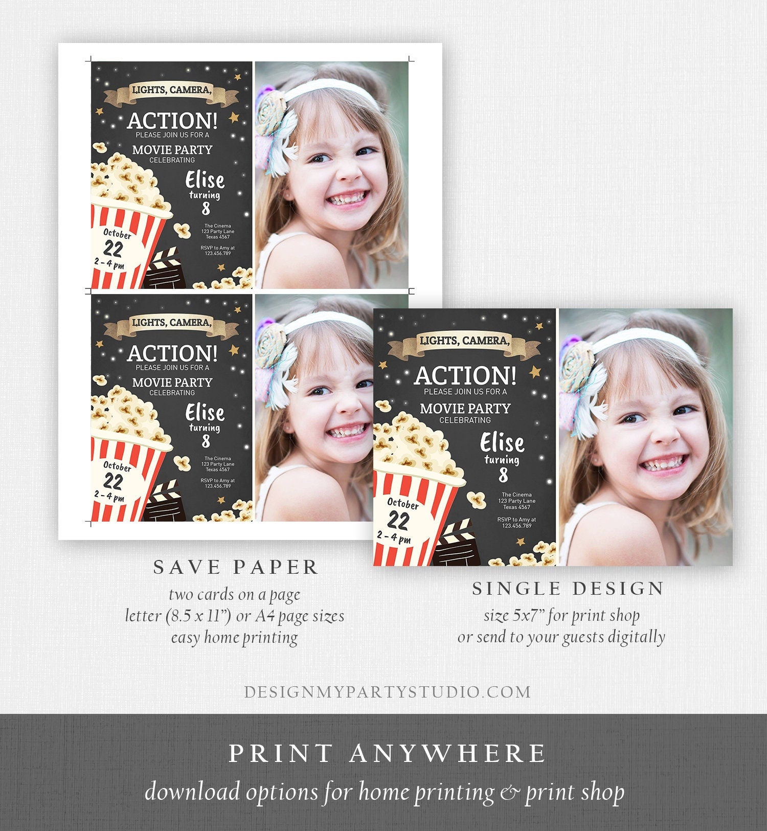 Editable Movie Night Birthday Invitation Boy Girl Movie Invite Cinema Party Backyard Movie Popcorn Download Printable Template Corjl 0182