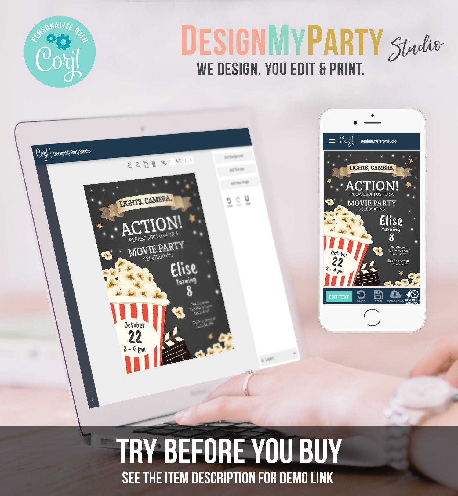 Editable Movie Night Birthday Invitation Boy Girl Movie Invite Cinema Party Backyard Movie Popcorn Digital Download Template Printable 0182