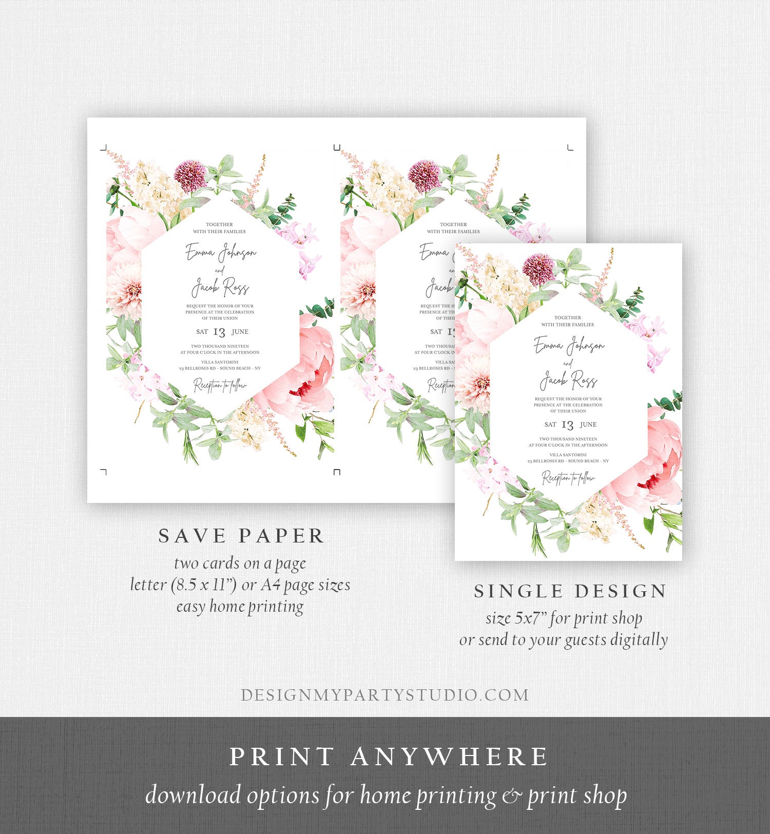 Editable Botanical Flowers Wedding Invitation Suite Set Watercolor Peony Pink Floral RSVP Details Boho Digital Corjl Template Printable 0167
