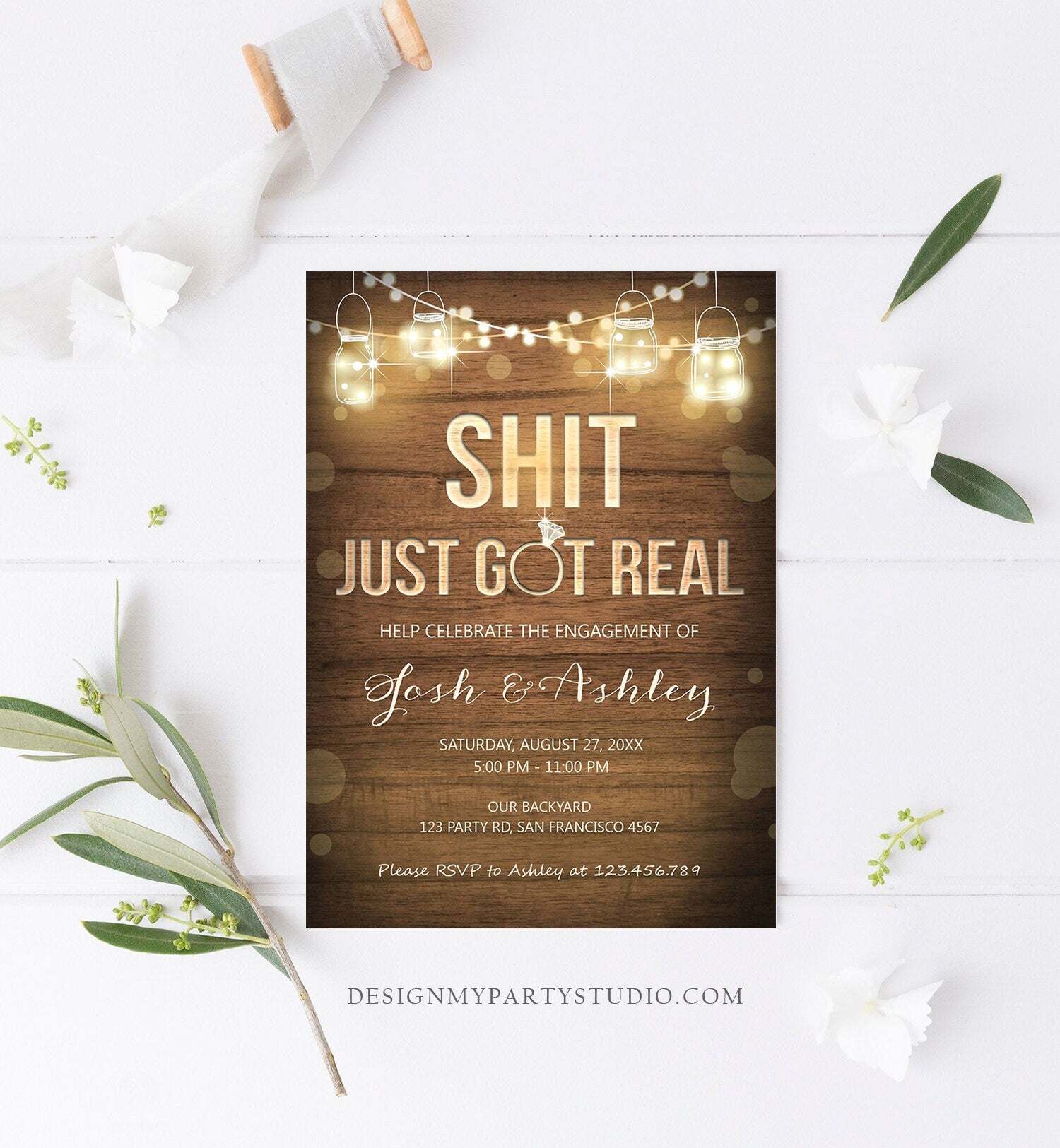 Editable Just Got Real Engagement Party Invitation Couples Shower Rustic Wood String Lights Instant Download Corjl Template Printable 0015