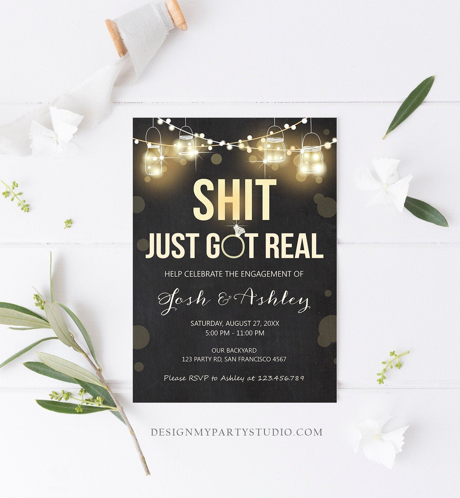 Editable Just Got Real Engagement Party Invitation Couples Shower Rustic Wood String Lights Chalk Download Corjl Template Printable 0015