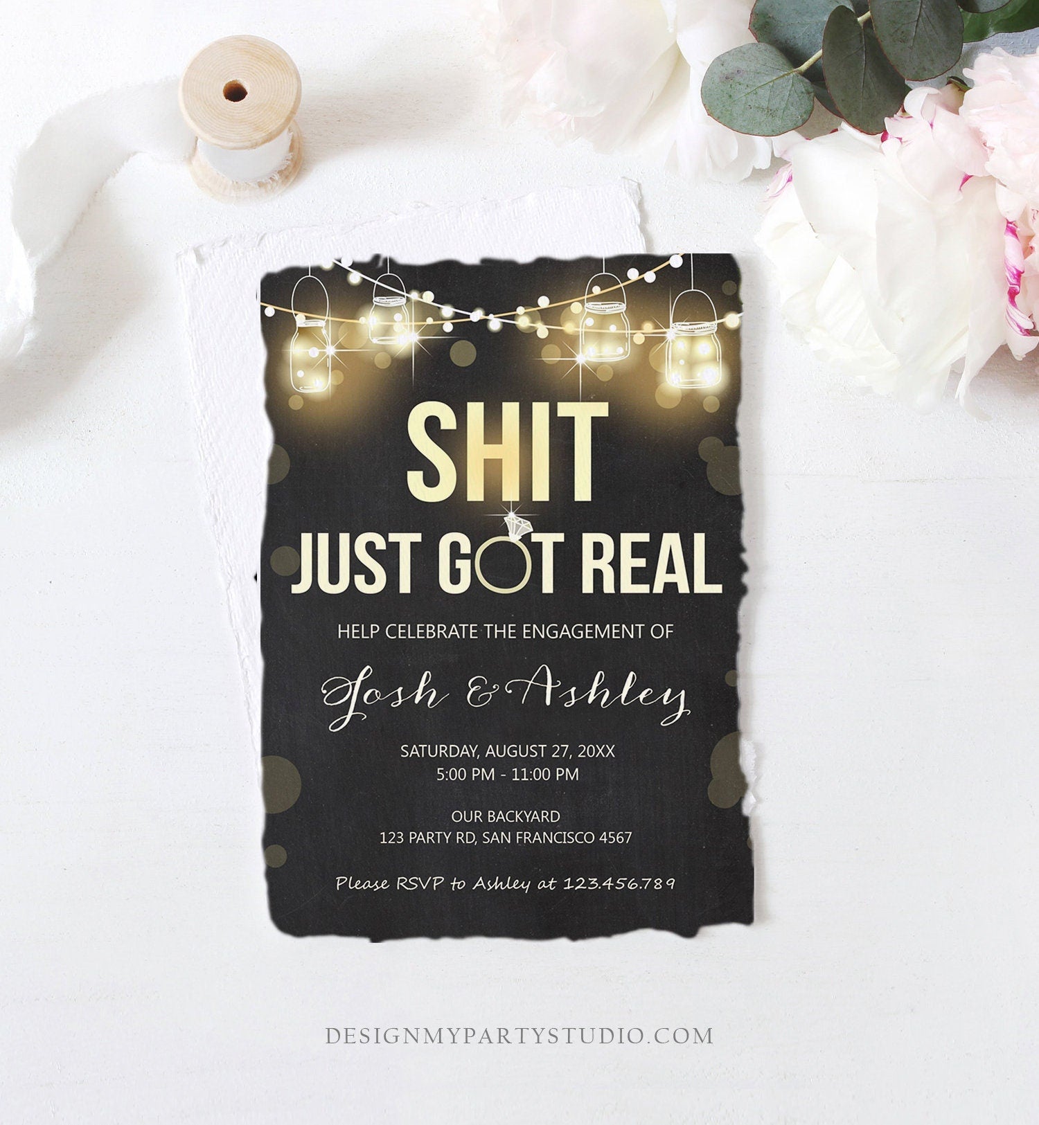 Editable Just Got Real Engagement Party Invitation Couples Shower Rustic Wood String Lights Chalk Download Corjl Template Printable 0015