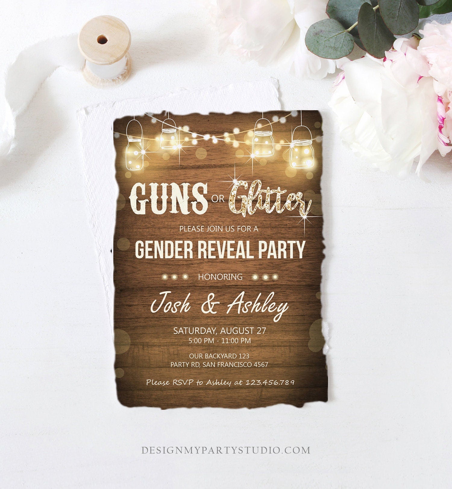 Editable Guns or Glitter Gender Reveal Invitation Baby Shower Boy Girl He or She Western Rustic Wood Digital Evite Template Printable 0015