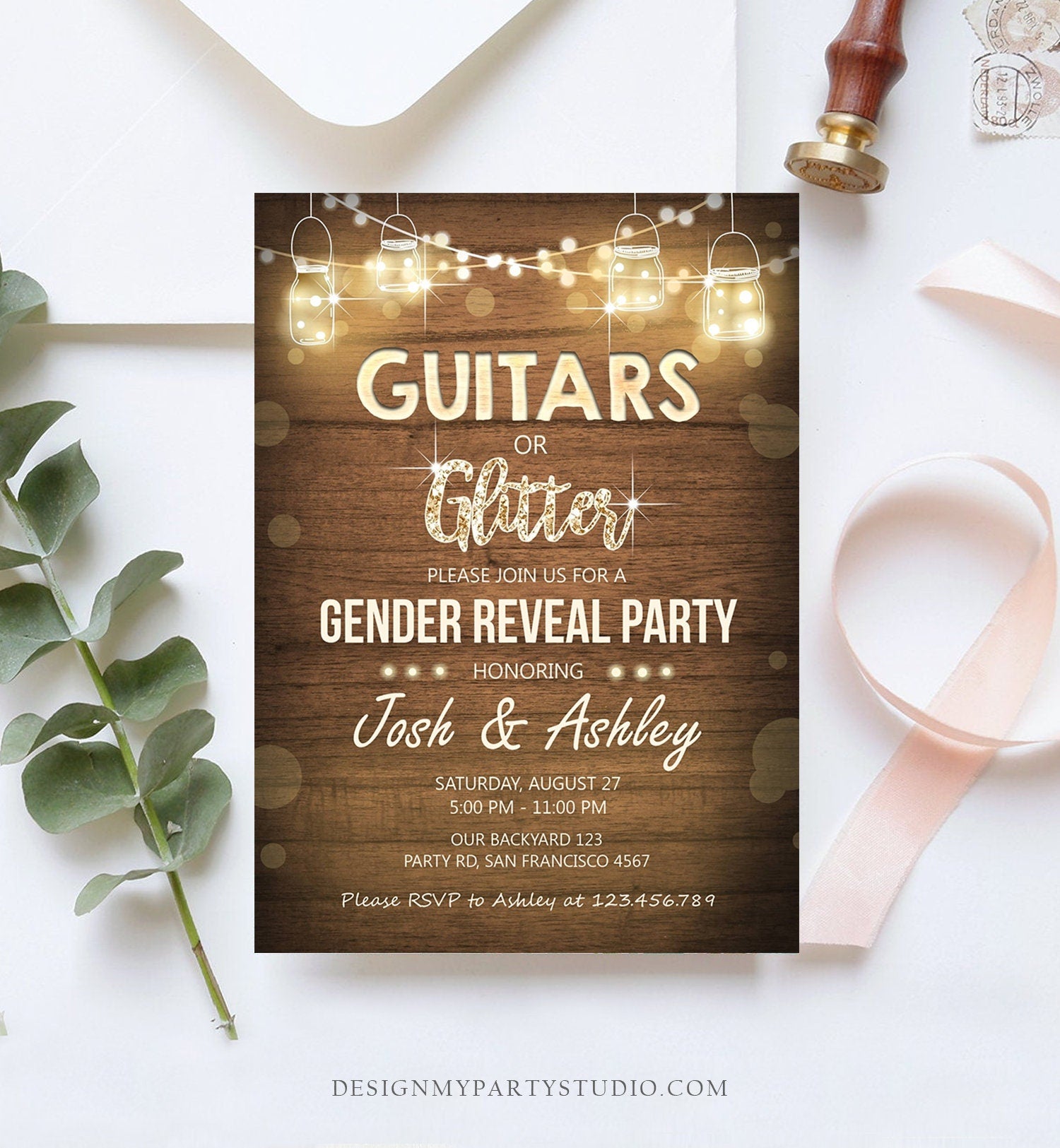 Editable Guitars or Glitter Gender Reveal Invitation Baby Shower Boy or Girl He or She Rustic Wood Digital Download Template Printable 0015