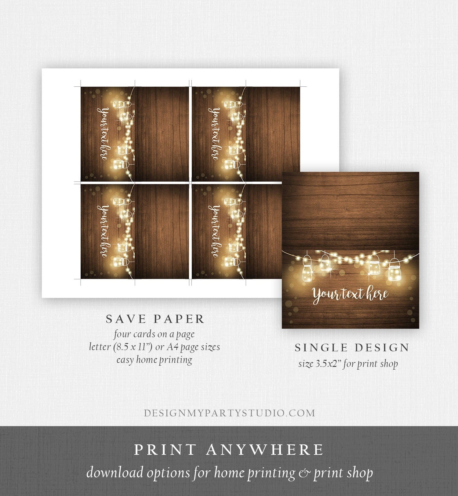 Editable Rustic Wood Food Label String Lights Rustic Boho Table Tent Card Escort Card Buffet Wedding Bridal Baby Shower Corjl Template 0015