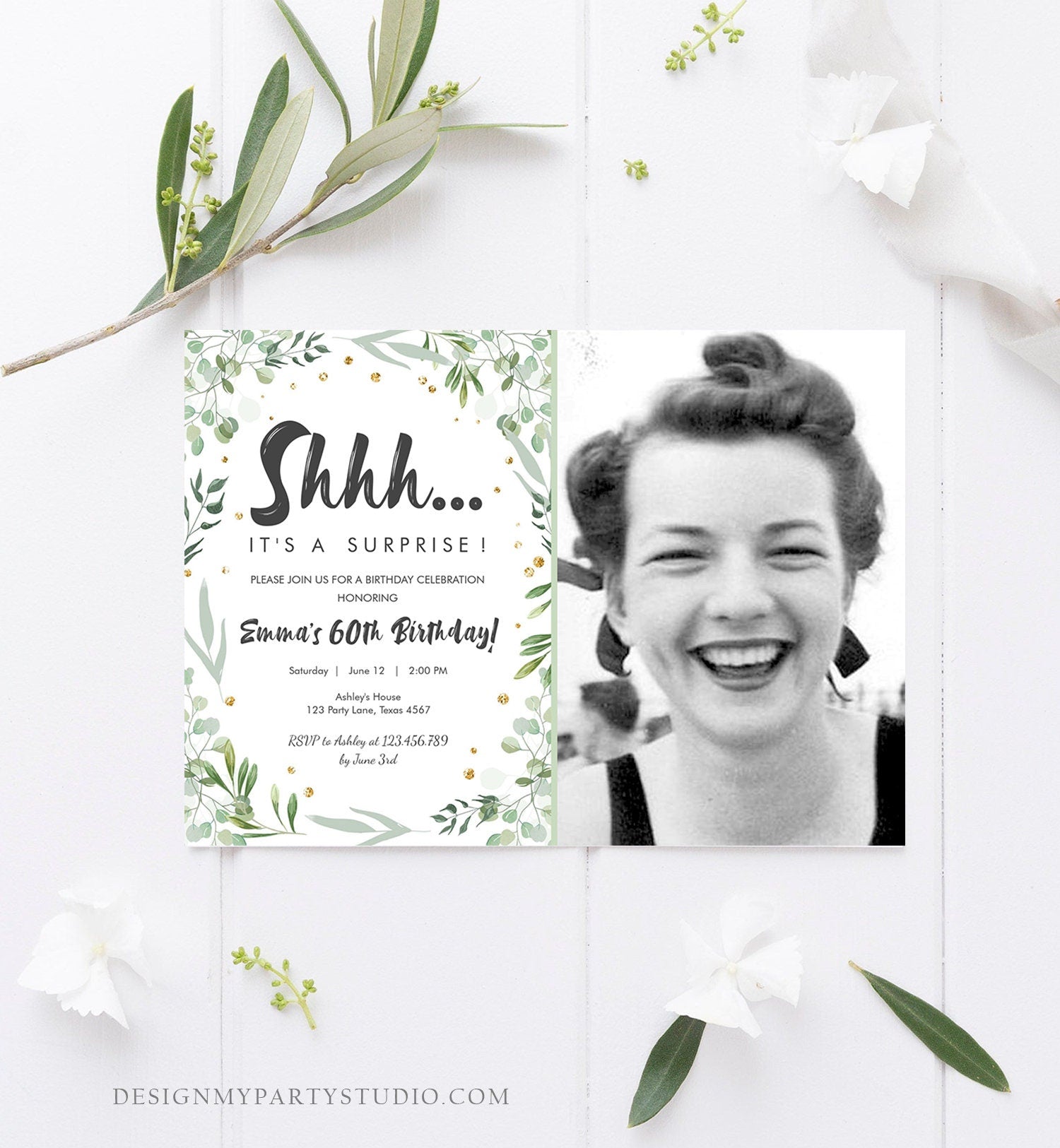 Editable Greenery Surprise Birthday Invitation ANY AGE Shhh Its It's A Surprise 30th 50th 60th Birthday Party Corjl Template Printable 0253