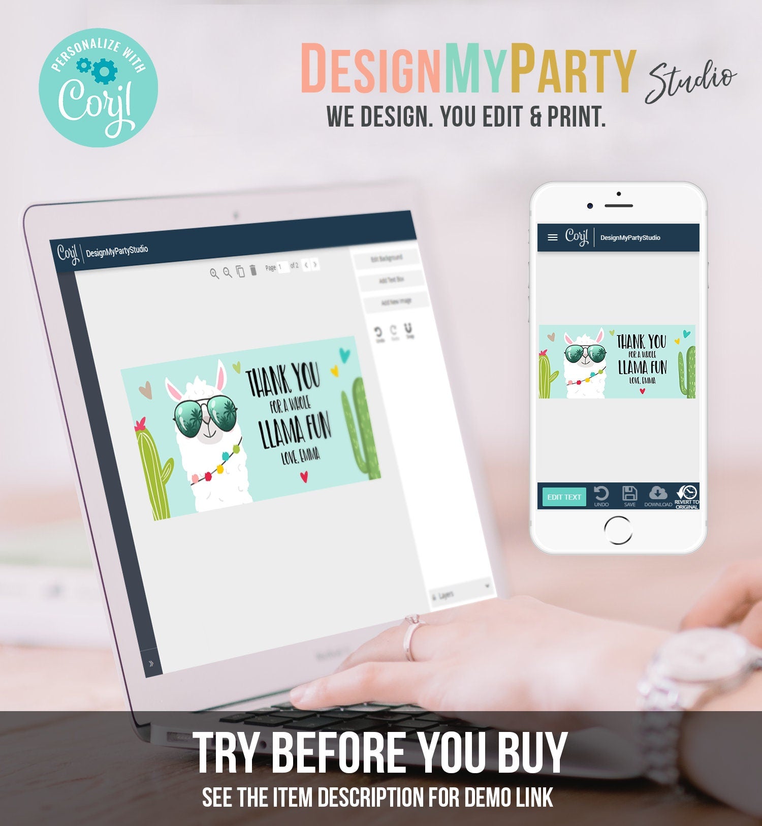 Editable Llama Treat Bag Toppers Llama Birthday Thank you Blue Whole Llama Fun Loot Bag Topper Favor Fiesta Template PRINTABLE Corjl 0079