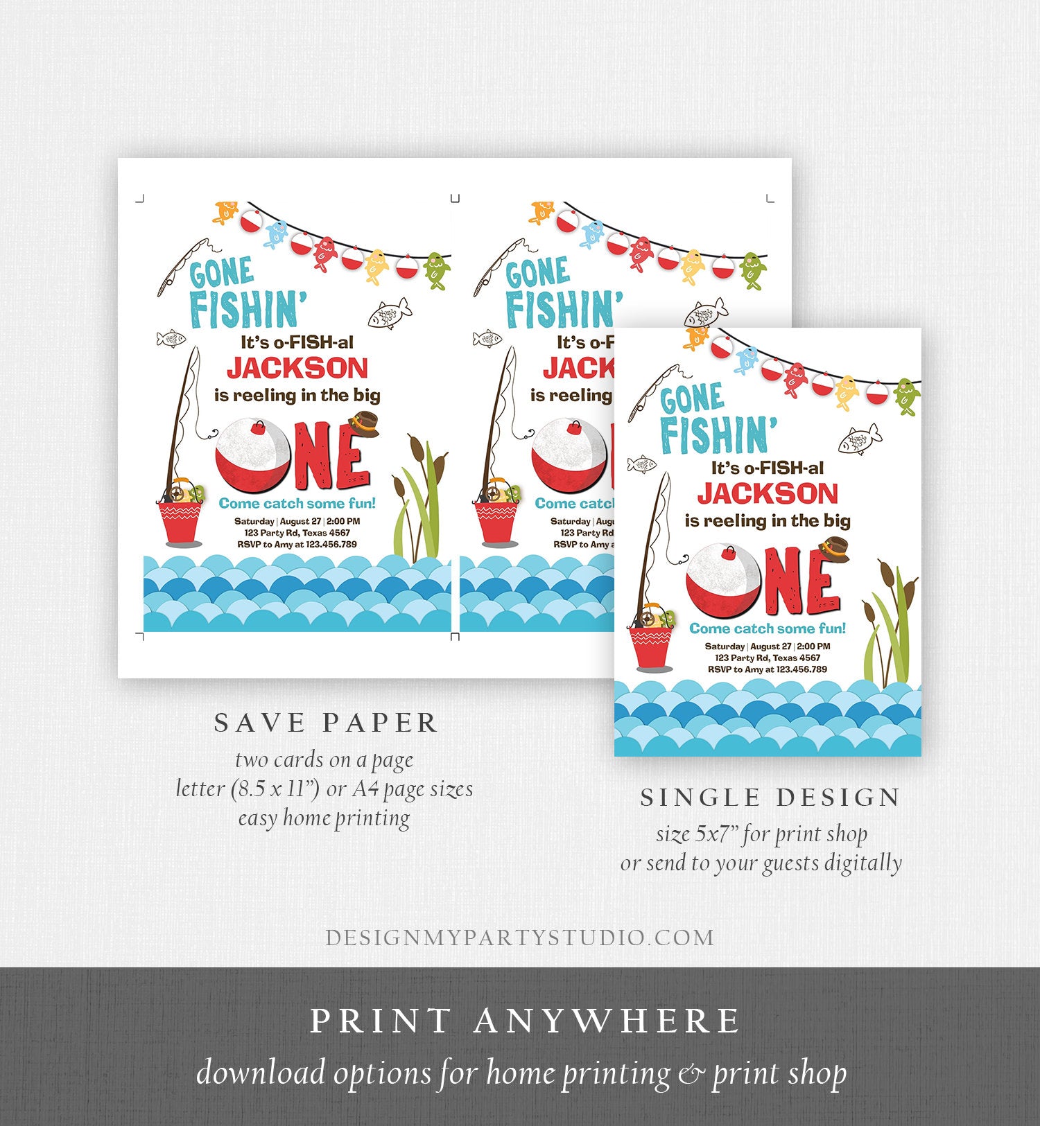 Editable First Birthday Fishing Invitation Fishing Party The Big One O-fish-al Gone Fishing Digital Download Evite Template Printable 0080