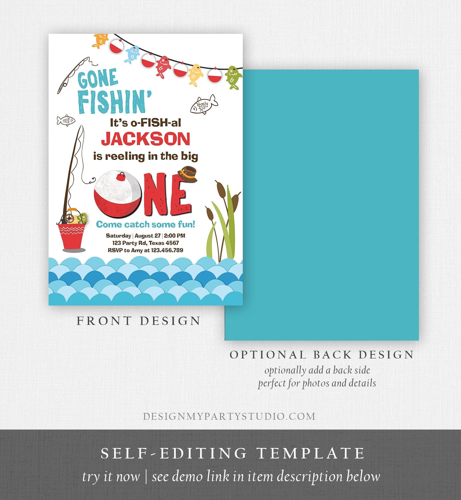 Editable First Birthday Fishing Invitation Fishing Party The Big One O-fish-al Gone Fishing Digital Download Evite Template Printable 0080