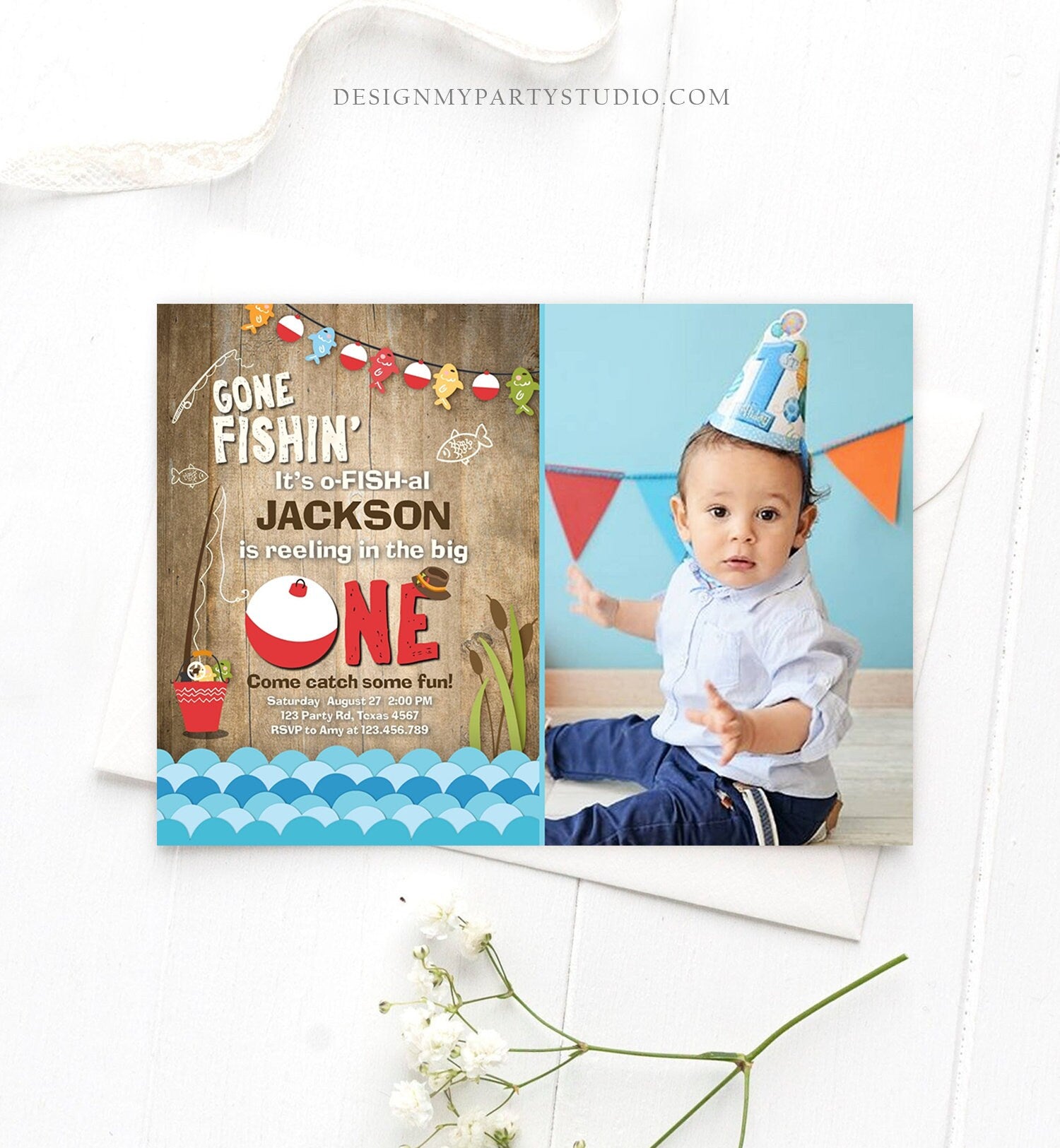 Editable First Birthday Fishing Invitation Fishing Party The Big One O-fish-al Gone Fishing Boy Wood Download Printable Template Corjl 0080