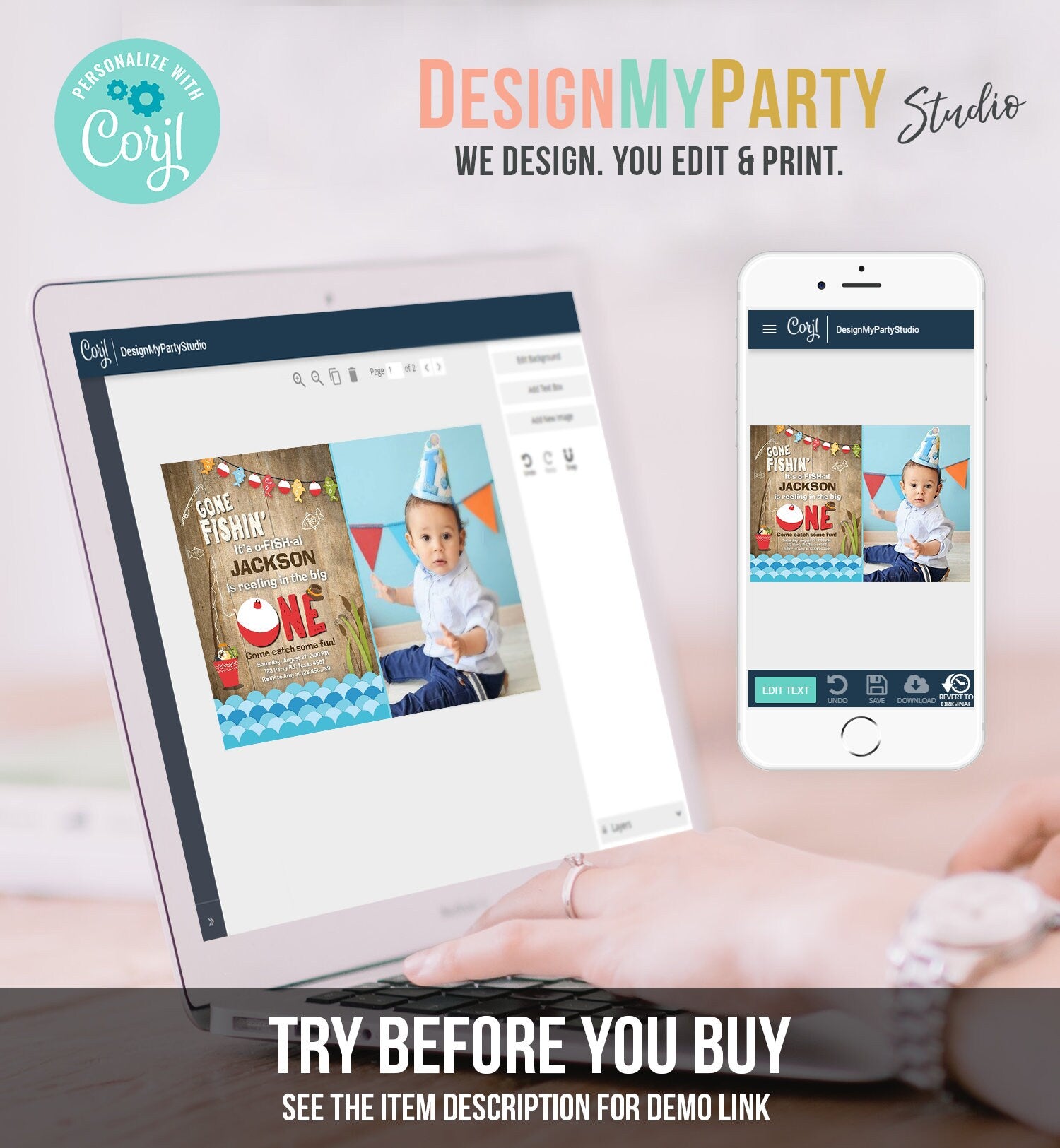 Editable First Birthday Fishing Invitation Fishing Party The Big One O-fish-al Gone Fishing Boy Wood Download Printable Template Corjl 0080