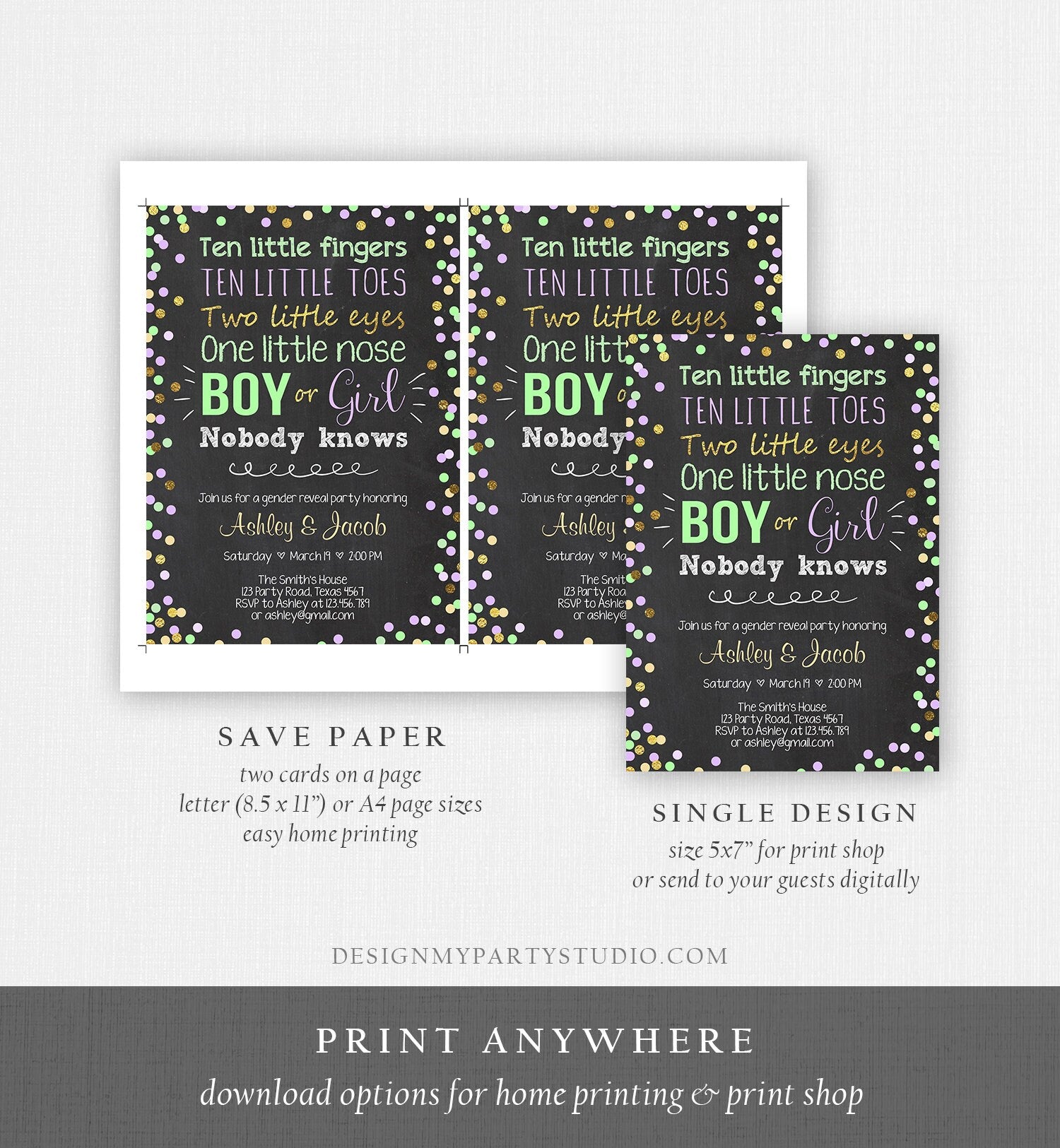 Editable Gender Reveal Invitation Baby Shower Boy or Girl Green Purple He She Confetti Gold Digital Download Evite Template Printable 0133