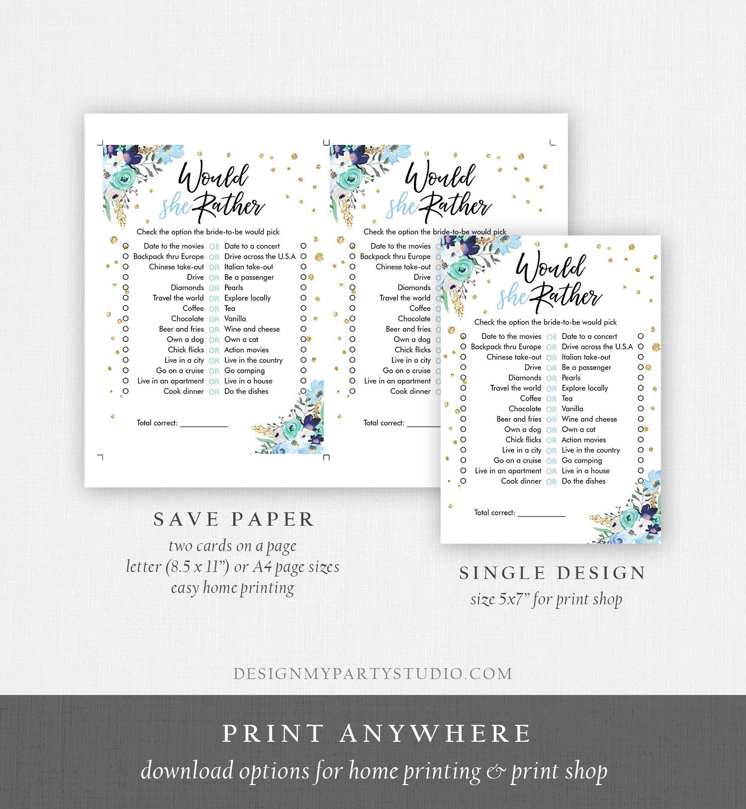 Editable Would She Rather Bridal Shower Game Wedding Shower Activity Floral Blue Gold Confetti Party Corjl Template Printable 0030