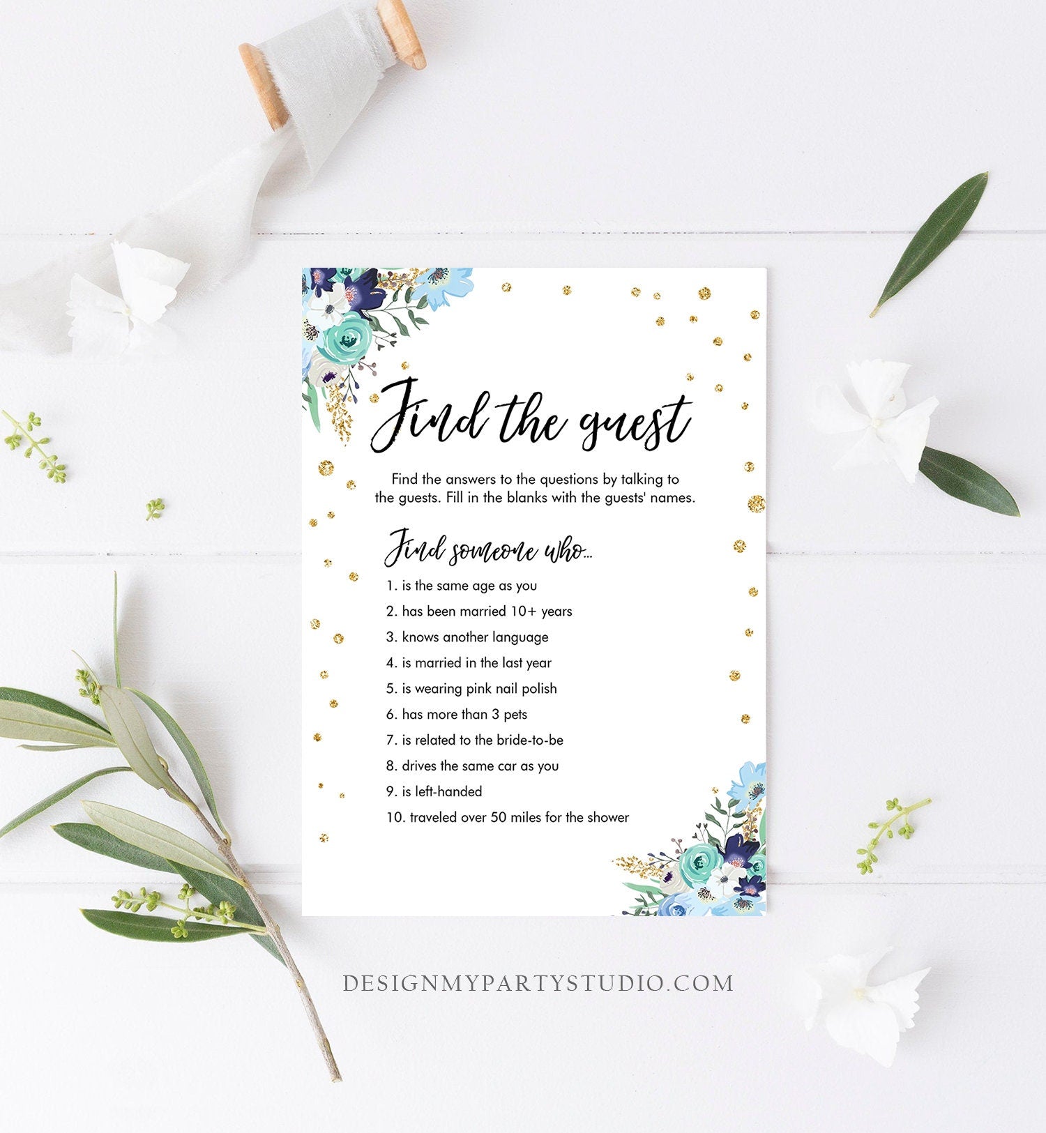 Editable Find the Guest Bridal Shower Game Wedding Shower Activity Blue Floral Gold Confetti Flowers Download Corjl Template Printable 0030