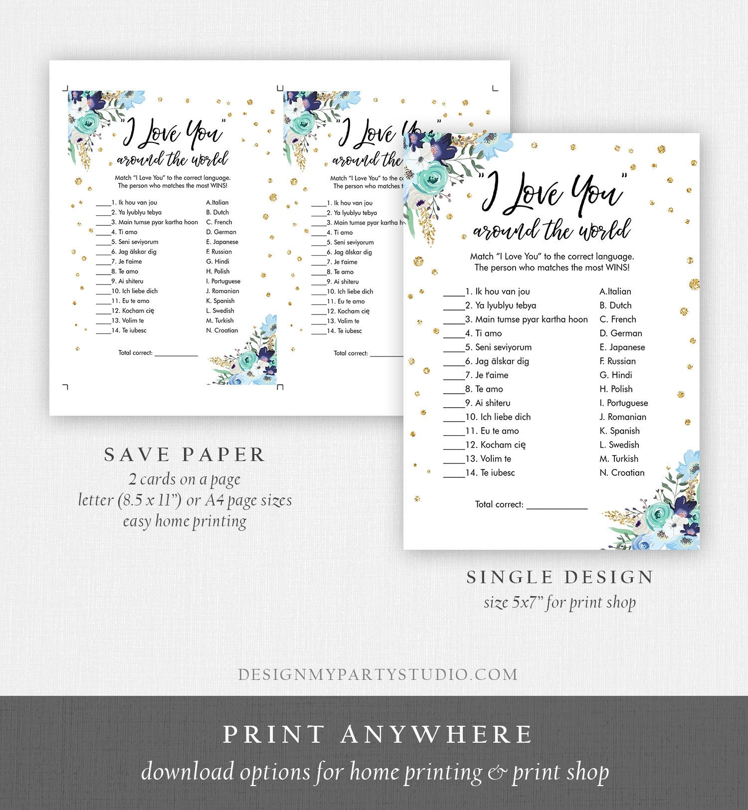 Editable Travel Bridal Shower Game I Love You Around the World Wedding Shower Activity Floral Bachelorette Digital Template Printable 0030