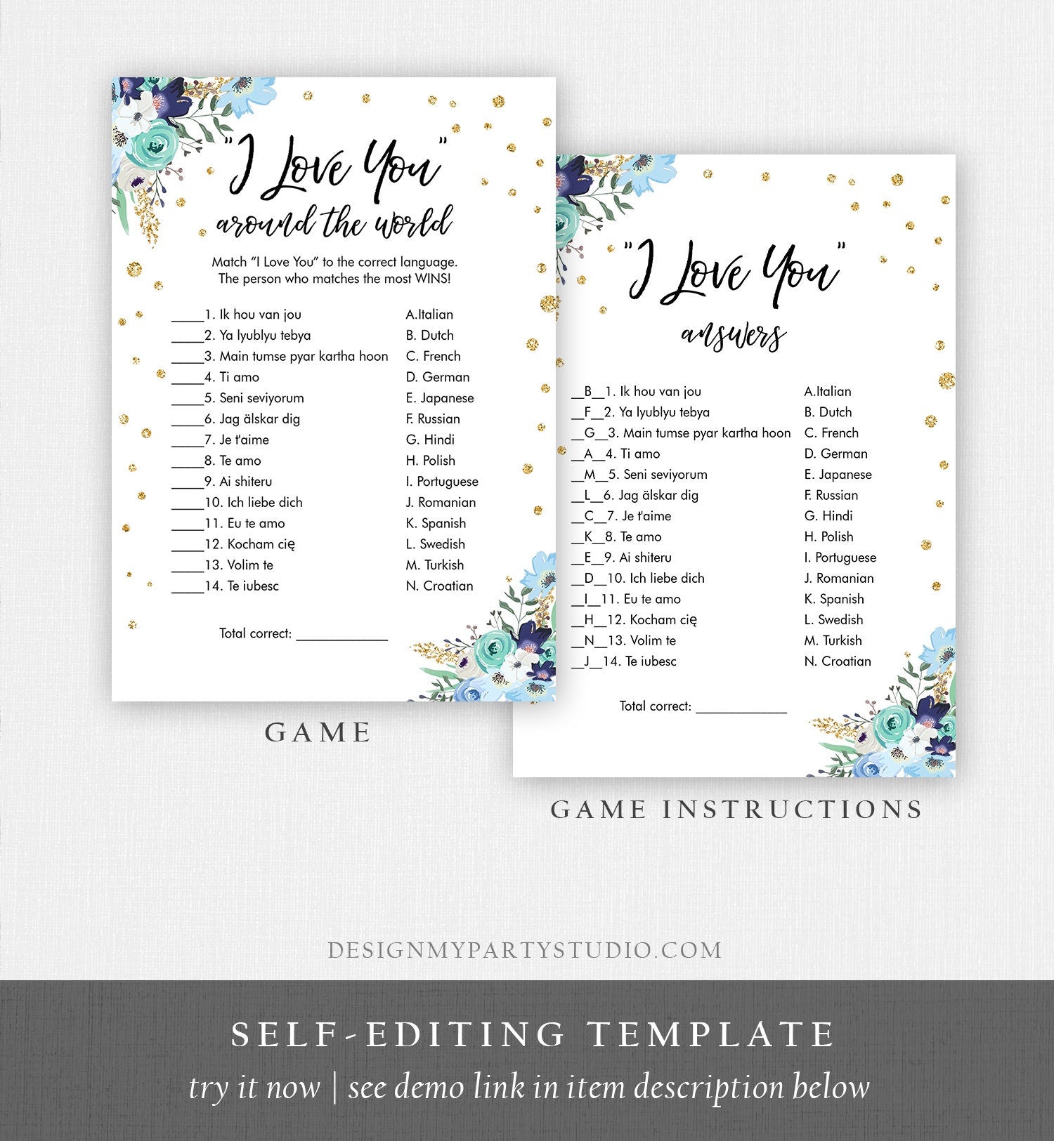 Editable Travel Bridal Shower Game I Love You Around the World Wedding Shower Activity Floral Bachelorette Digital Template Printable 0030