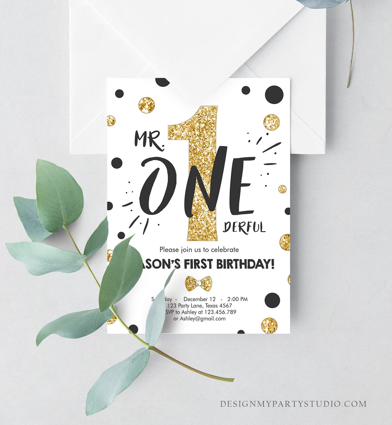 Editable Mr Onederful Birthday Invitation Black and Gold Boy Birthday Bow Tie 1st Birthday Digital Download Template Printable 0072