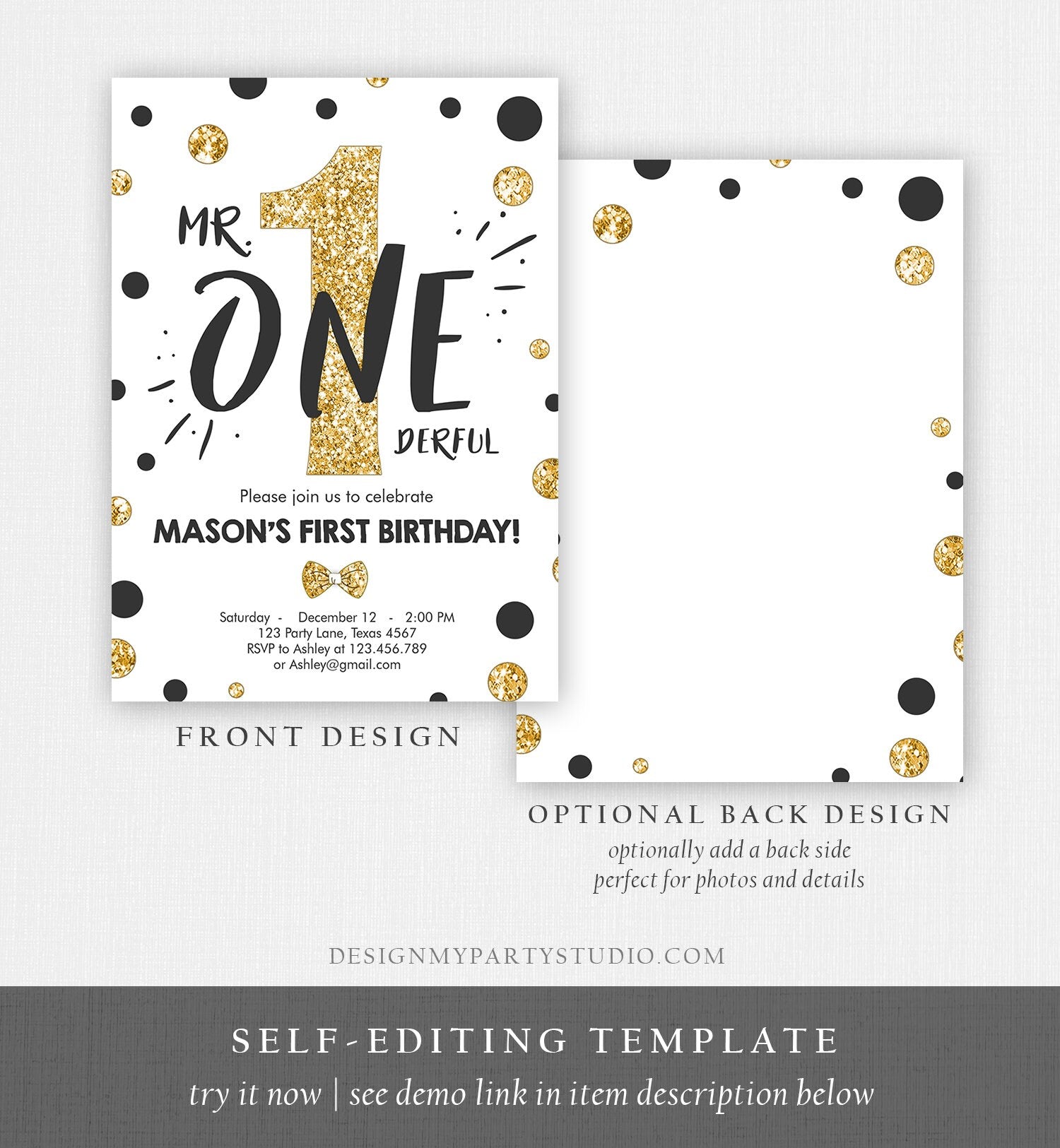 Editable Mr Onederful Birthday Invitation Black and Gold Boy Birthday Bow Tie 1st Birthday Digital Download Template Printable 0072