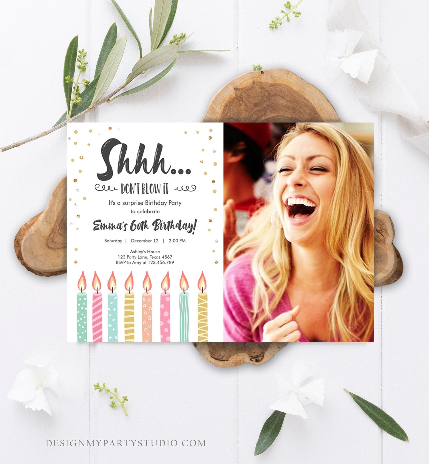 Editable Candles Surprise Birthday Invitation Shhh It's A Surprise Party 30th 40th 50th 60th Adult Digital Download Template Printable 0277