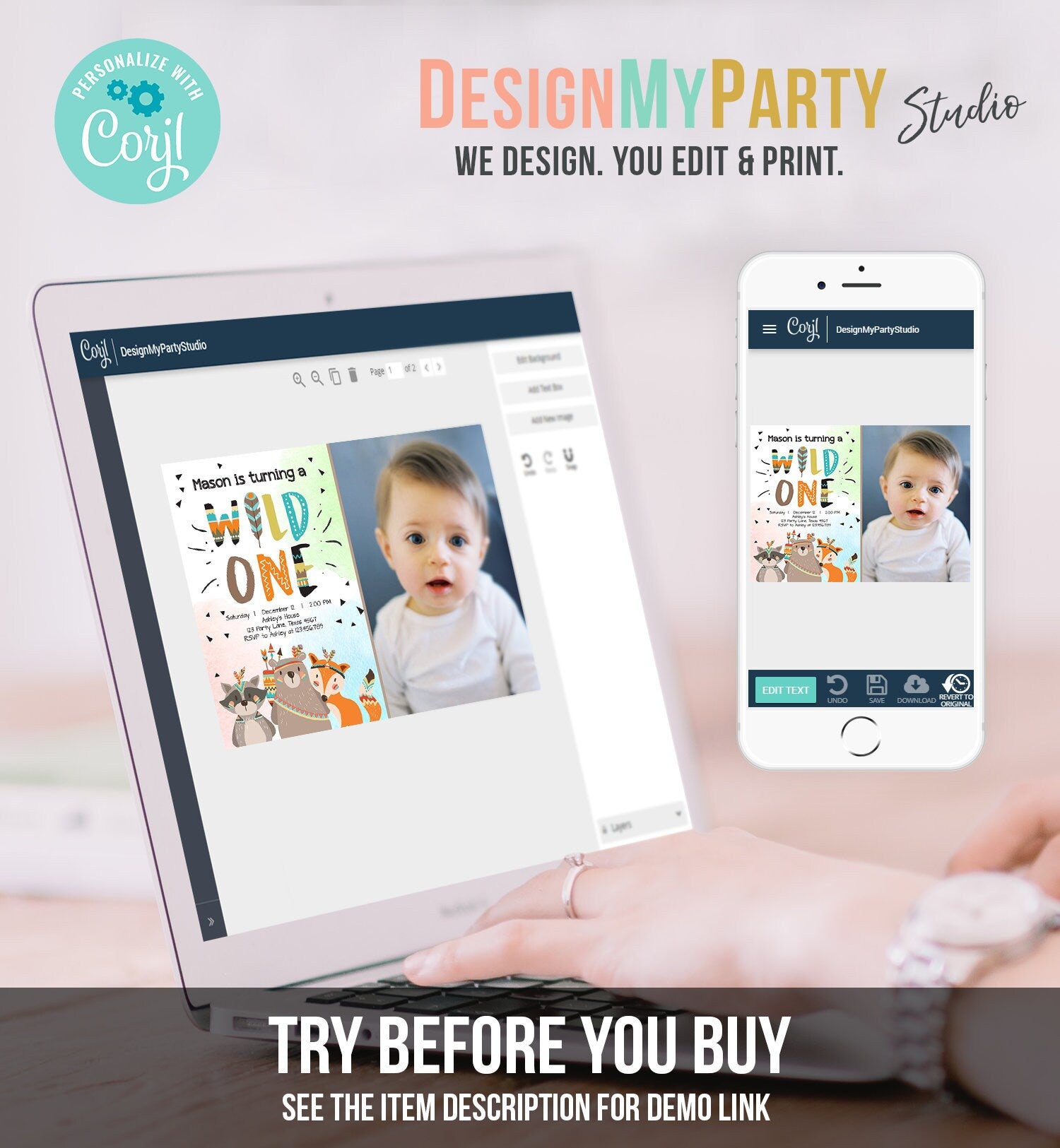 Editable Woodland Tribal Wild One First Birthday Invitation Boho Woodland Animals Boy Party Digital Download Template Printable 0061