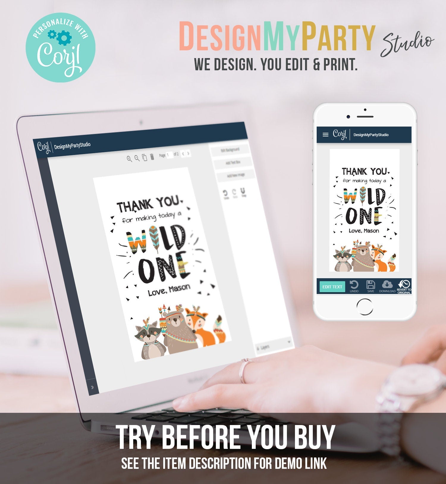Editable Wild One Favor Tags Tags Tribal Woodland Birthday Thank you tags Boy Woodland Animals Boho Wild One Template Corjl PRINTABLE 0061