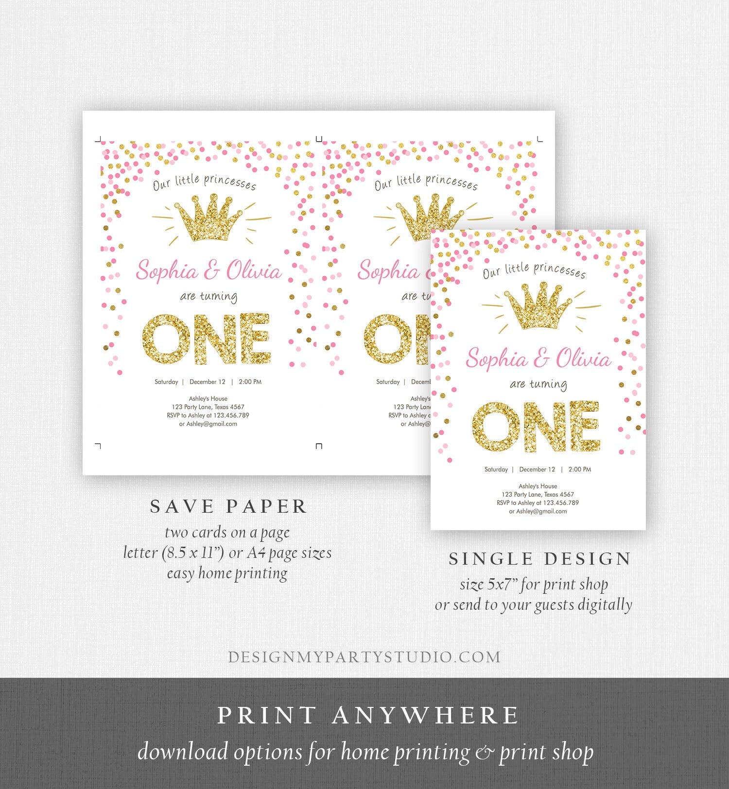 Editable Little Princesses Twins Birthday Invitation Girl Pink Gold First Birthday 1st ANY AGE Confetti Crown Corjl Template Printable 0047