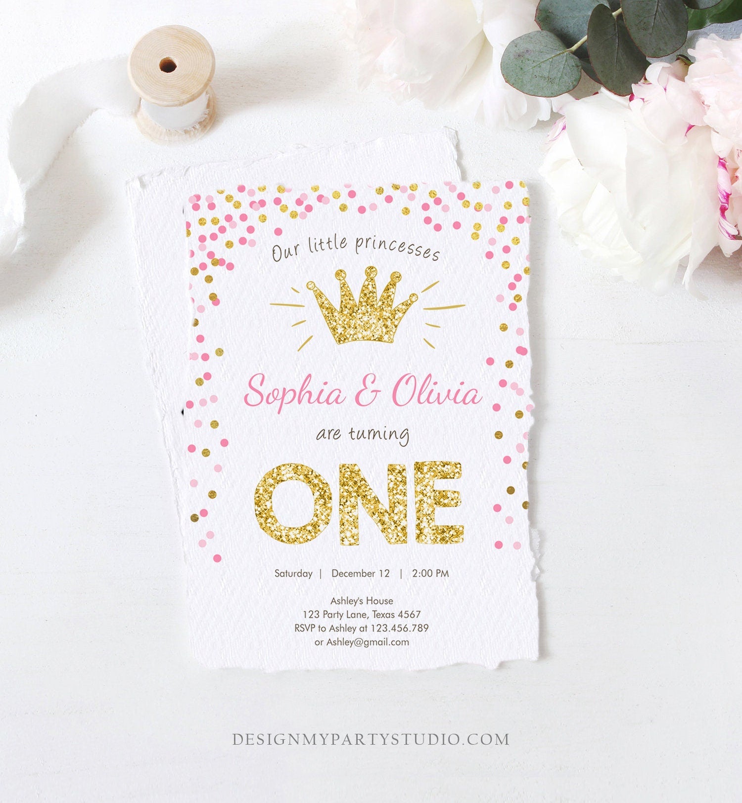 Editable Little Princesses Twins Birthday Invitation Girl Pink Gold First Birthday 1st ANY AGE Confetti Crown Corjl Template Printable 0047