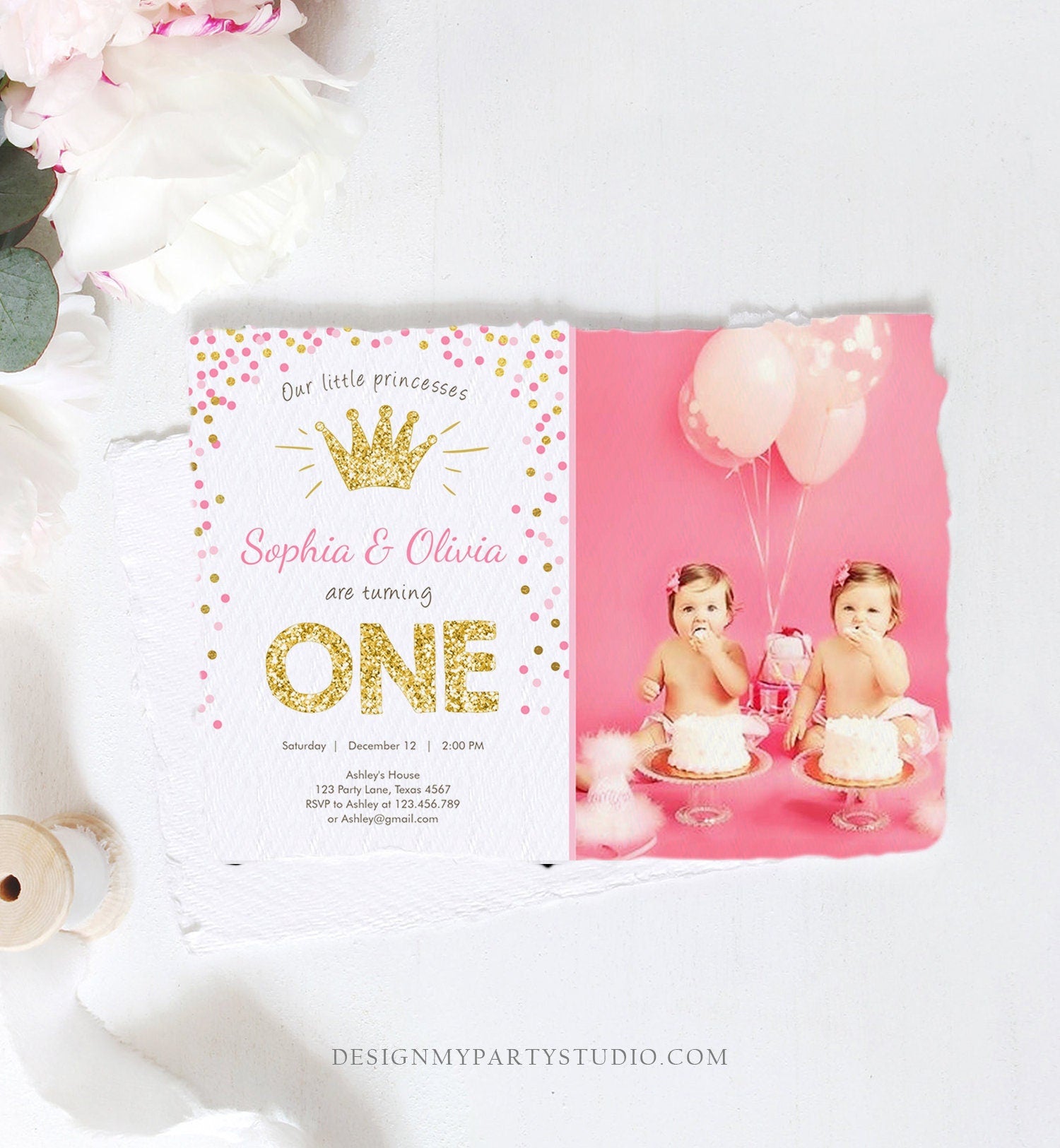 Editable Little Princesses Twins Birthday Invitation Girl Pink Gold First Birthday 1st ANY AGE Confetti Crown Corjl Template Printable 0047