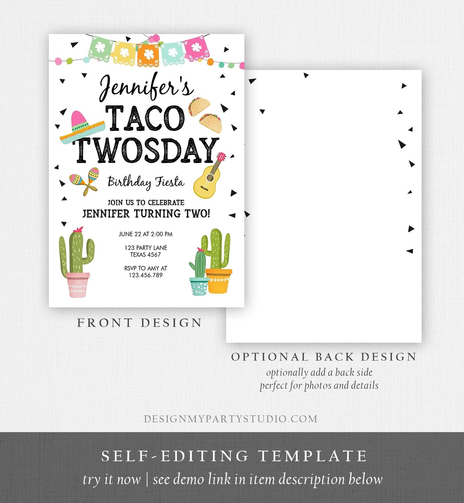Editable Taco Twosday Invitation Mexican Girl Second Birthday 2nd Fiesta Pink Mint Cactus Digital Download Evite Template Printable 0161
