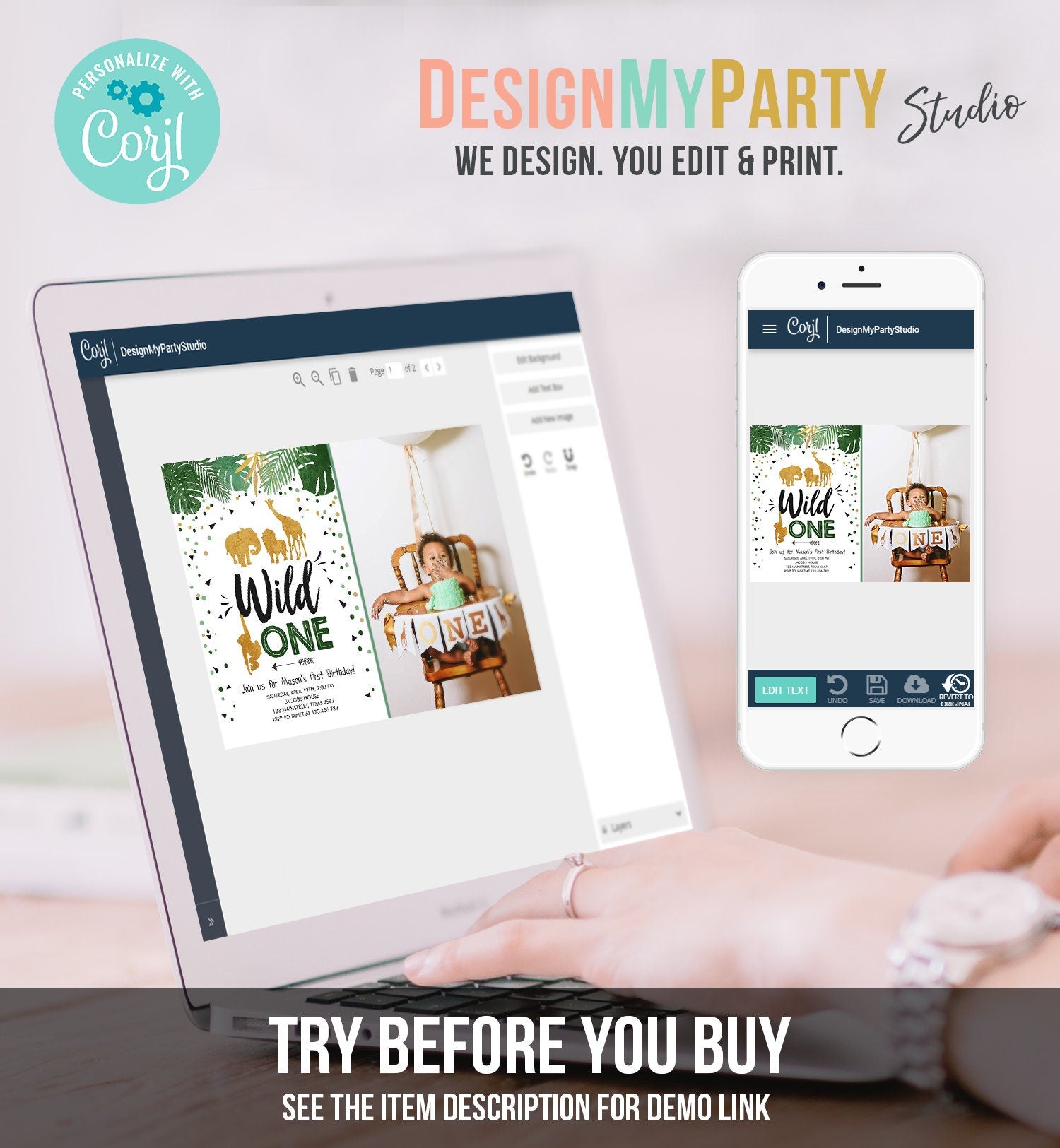 Editable Wild One Birthday Invitation Safari Animals Jungle Zoo Animals Black Gold First Birthday 1st Download Printable Corjl Template 0016