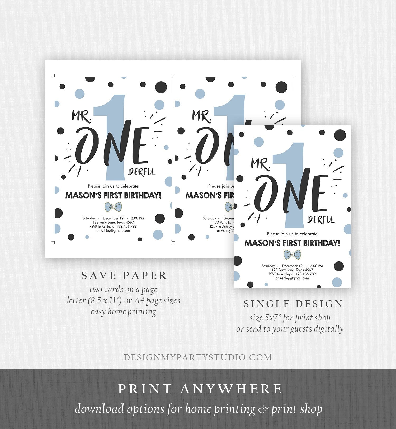 Editable Mr Onederful Birthday Invitation Black Blue Boy Birthday Bowtie Confetti 1st Birthday Download Printable Template Corjl 0072