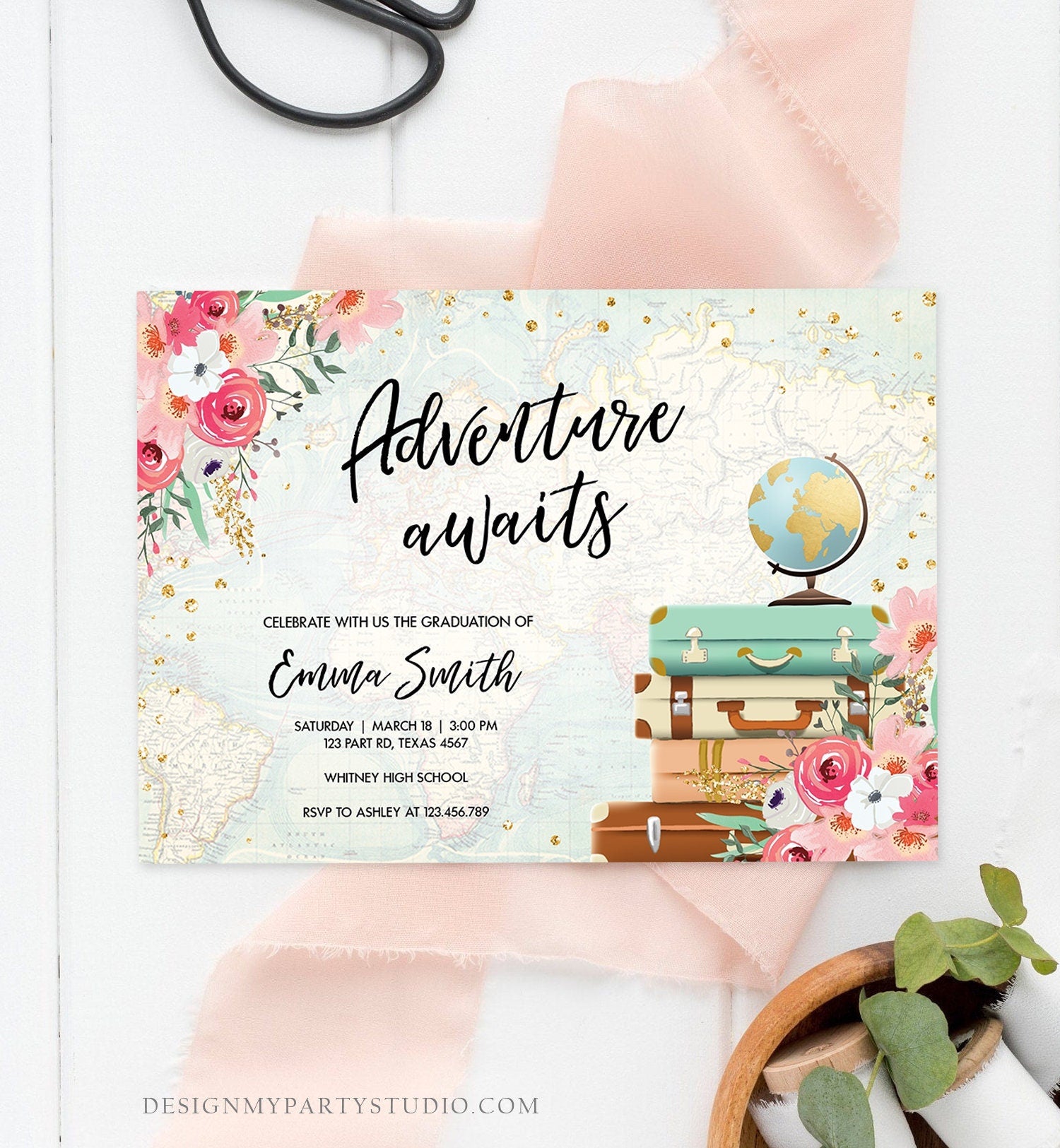 Editable Adventure Awaits Graduation Party Invitation Vintage Travel Around the World Pink Floral Girl Digital Evite Template Printable 0030
