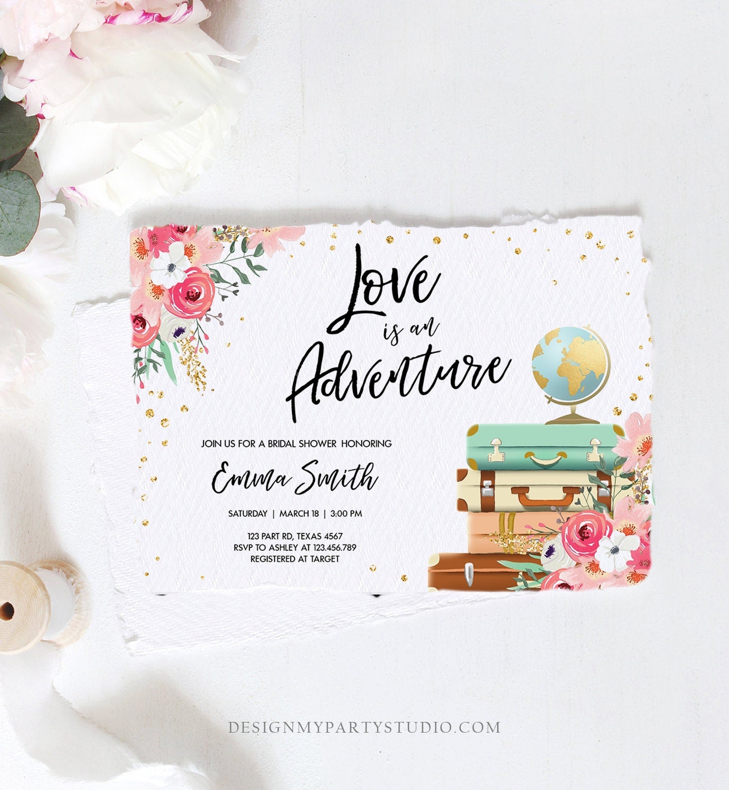 Editable Love is an Adventure Bridal Shower Invitation Travel Gold Confetti Pink Floral Suitcases Digital Download Template Printable 0030