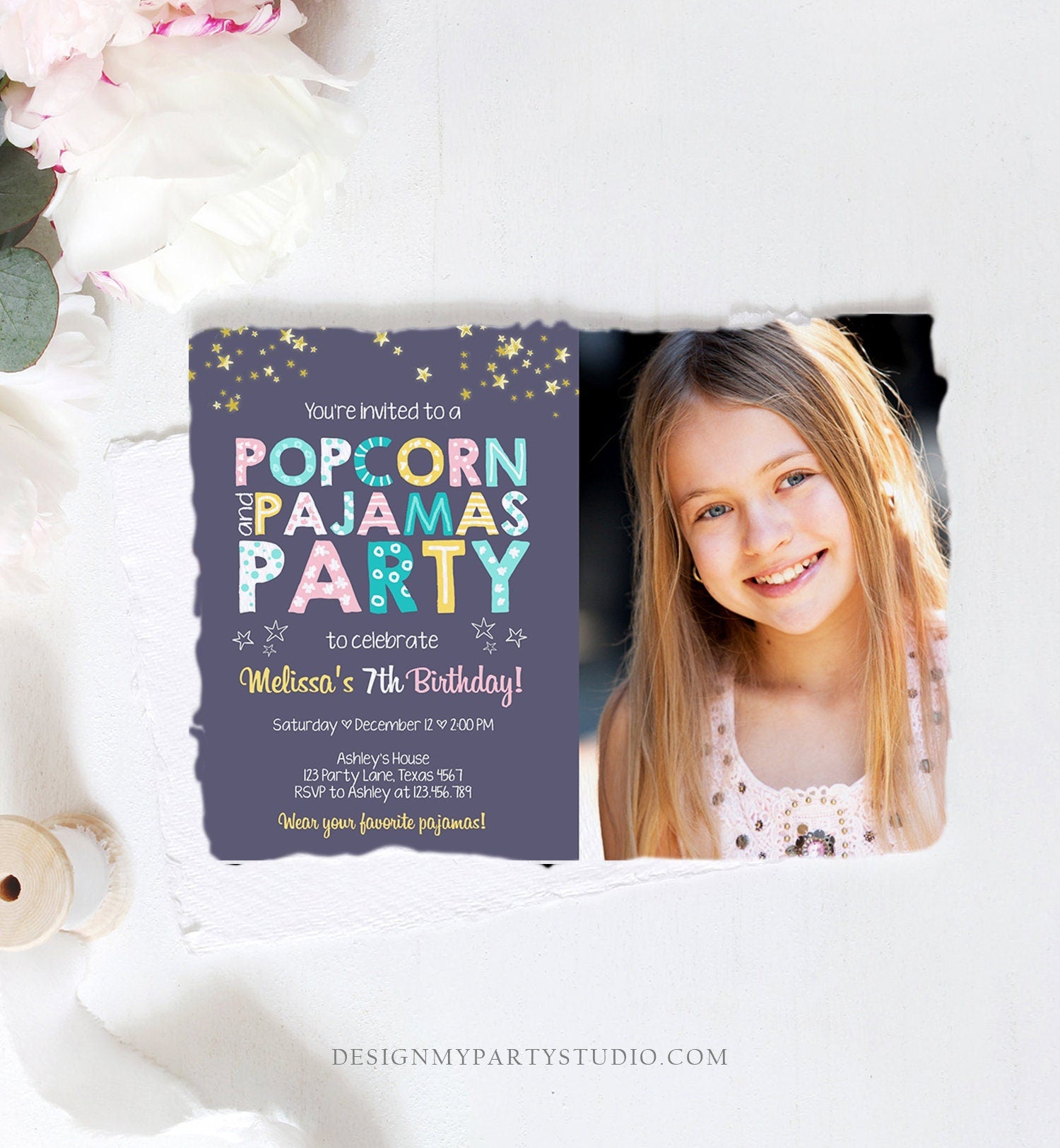Editable Popcorn and Pajamas Birthday Invitation Movie Night Birthday Party Girl Pink Purple Green Stars Photo Corjl Template Printable 0218