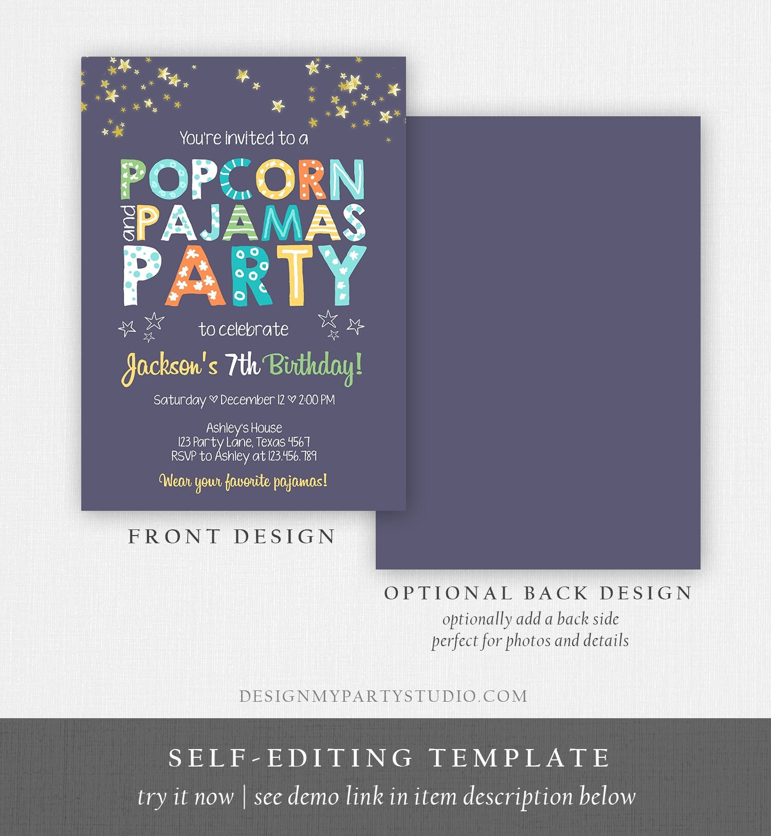 Editable Popcorn and Pajamas Birthday Invitation Movie Night Birthday Party Boy Blue Orange Green Stars Corjl Template Printable 0218