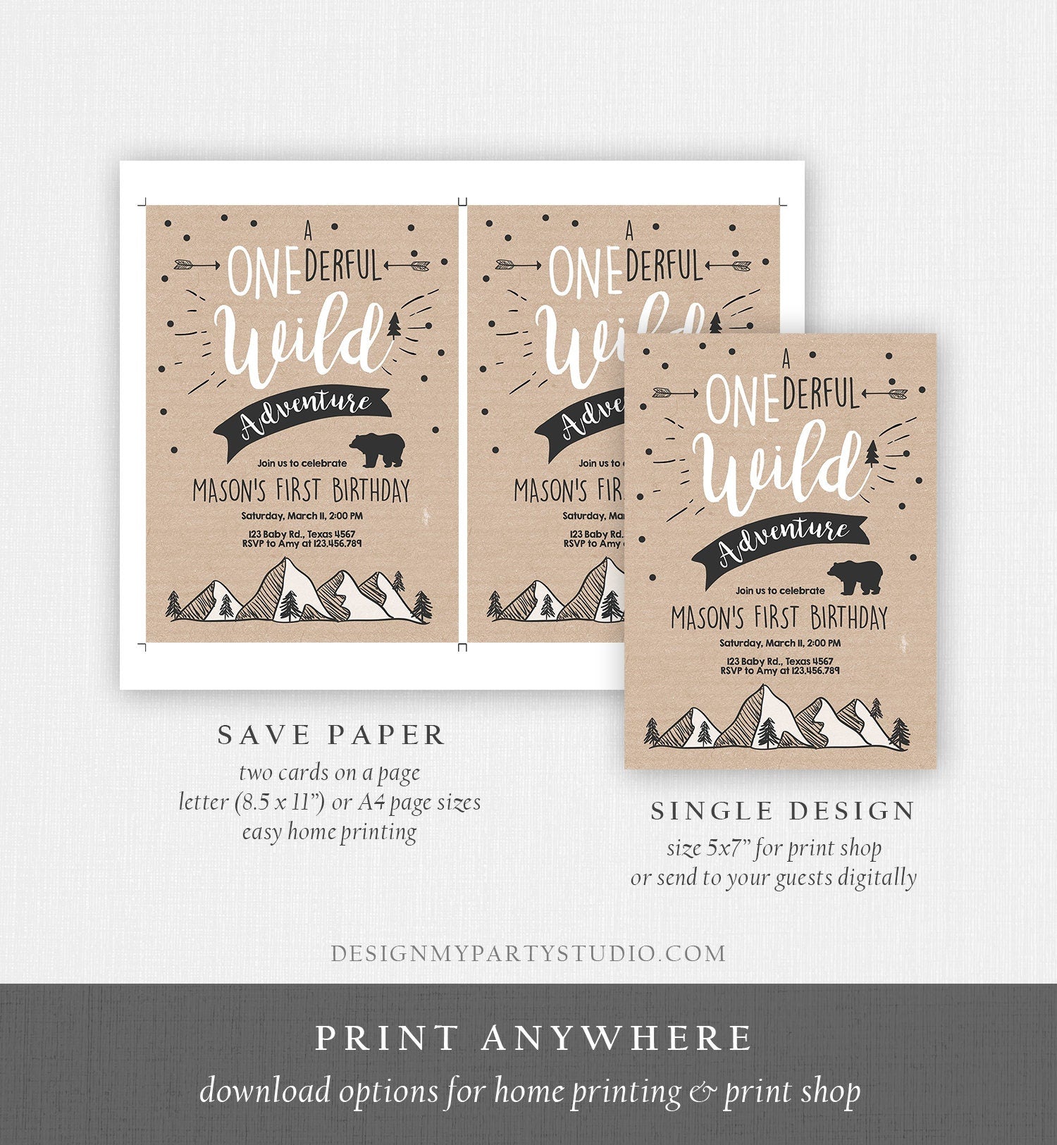 Editable A Onederful Wild Adventure First Birthday Invitation Brown Wild Things Boy Mountains Bear Outdoor Hunter Template Printable 0083
