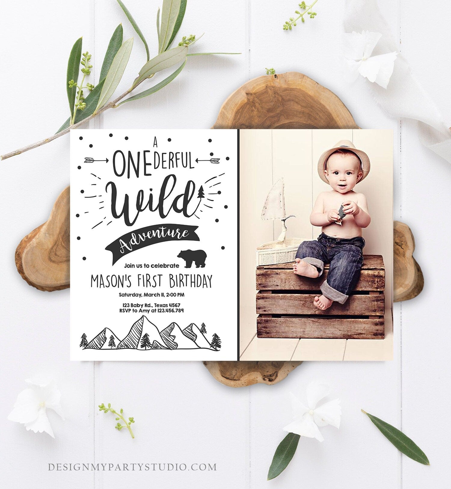 Editable A Onederful Wild Adventure First Birthday Invitation Wild Things Boy Mountains Bear Outdoor Hunter Green Corjl Template 0083